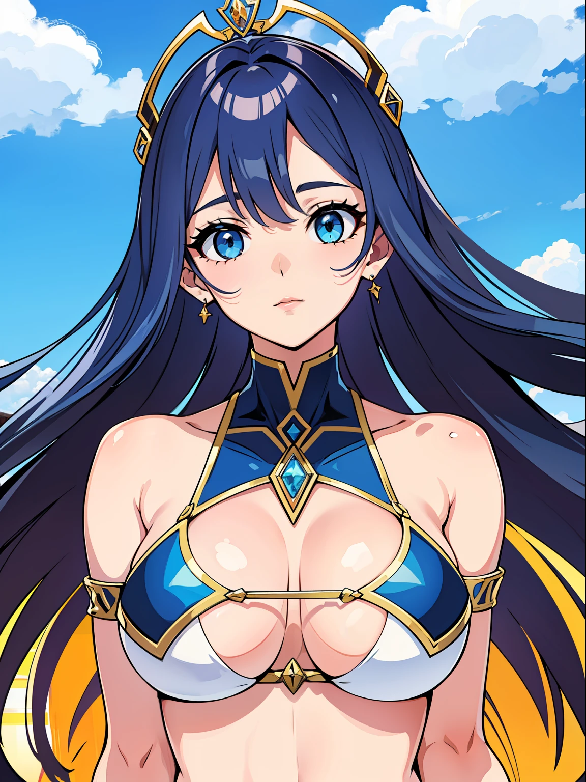 cidade futura, female, blue skies, selvagem, espetacular, ((( Her whole body is in frame ))), micro superhero bikini, (Fundo detalhados: Metropolis), rosto detalhado, olhos detalhados, anatomia perfeita, dynamic pose, Approaching perfection, Dynamic, altamente detalhado, (priority colors of clothes: vermelho, portanto, dourado),