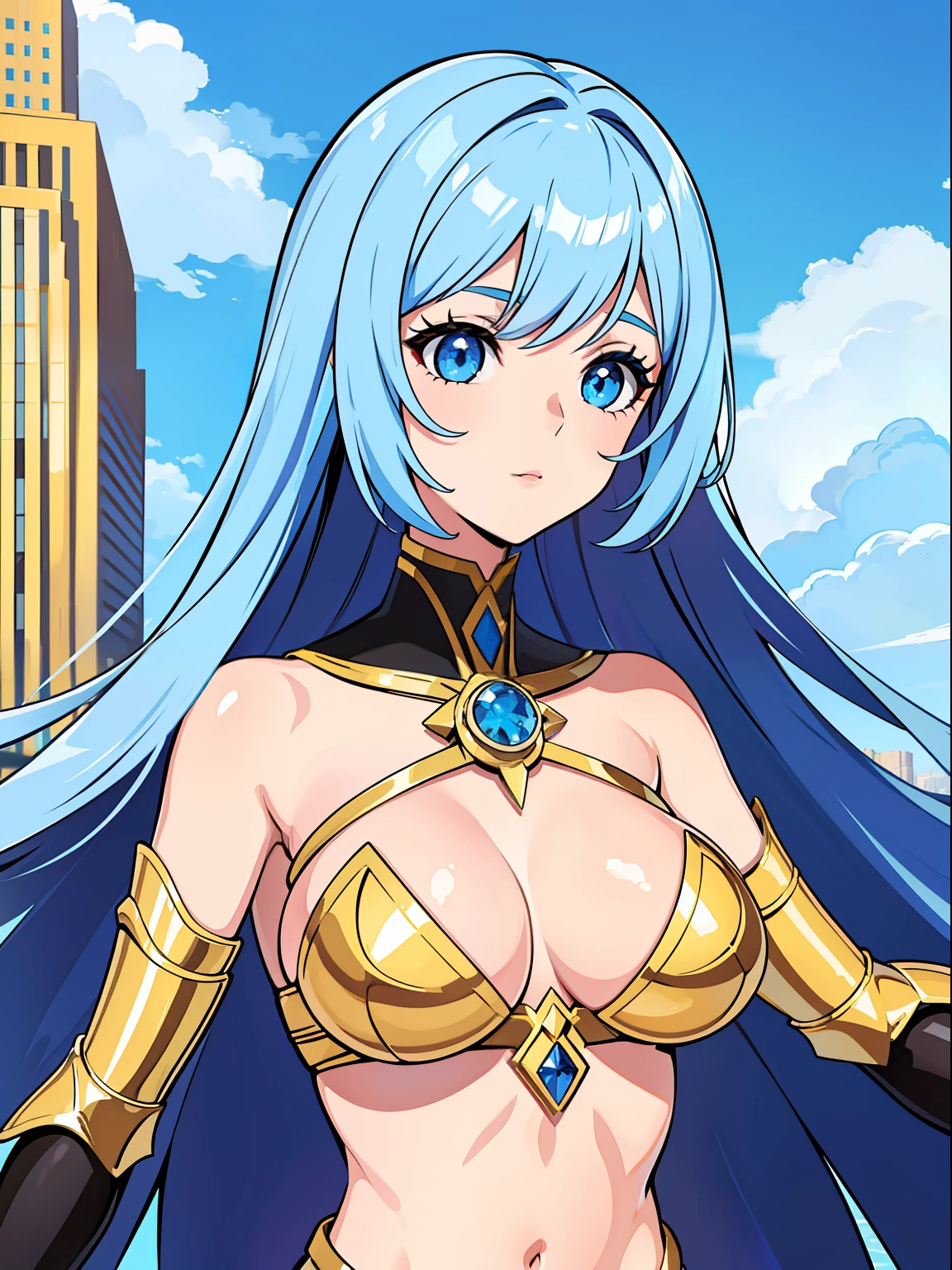 cidade futura, female, blue skies, selvagem, espetacular, ((( Her whole body is in frame ))), micro superhero bikini, (Fundo detalhados: Metropolis), rosto detalhado, olhos detalhados, anatomia perfeita, dynamic pose, Approaching perfection, Dynamic, altamente detalhado, (priority colors of clothes: vermelho, portanto, dourado),