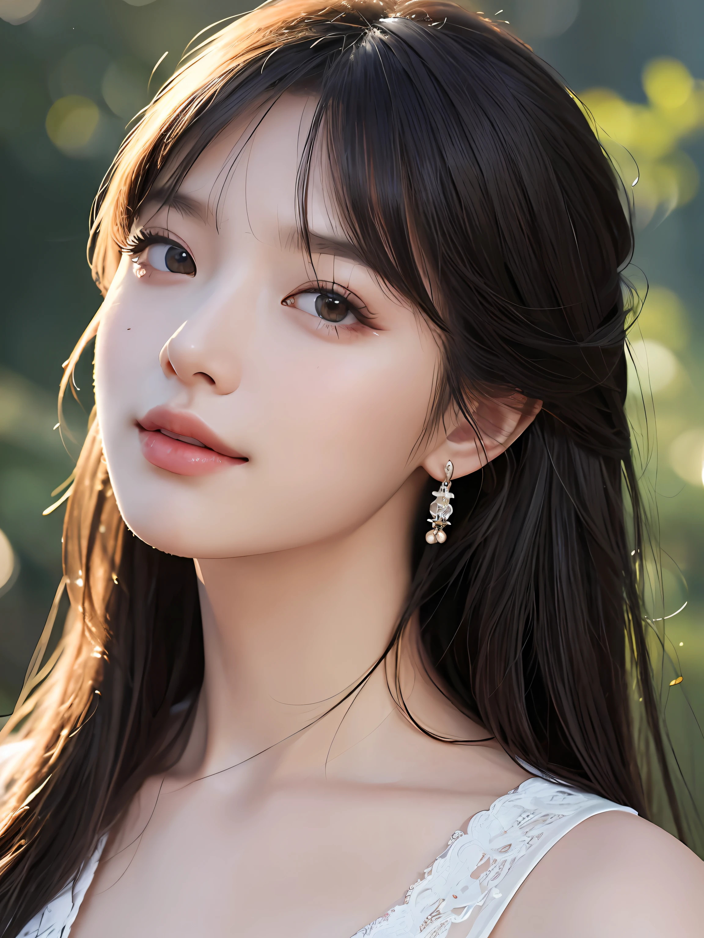 Masterpiece, best picture quality, high quality, beautiful woman, Japanese, popular Korean makeup, detailed, swollen eyes, detailed eyes, detailed skin, beautiful skin, ultra high resolution, (reality: 1.4),very beautiful, slightly younger face, beautiful skin, slender, (ultra realistic), (illustration), (high resolution), (8K), (very detailed) (best illustration), (beautifully detailed eyes), (super detailed), (wallpaper), (detailed face), looking at viewer, fine details, detailed face, pureerosfaceace_v1, smiling, looking straight ahead, looking straight ahead, angle from waist up, realistic photo, bright lighting, professional lighting, black hair (some of hair part green), long hair, dark ruins, big red moon, gorgeous red and black dress, mature woman, long stylish bangs,