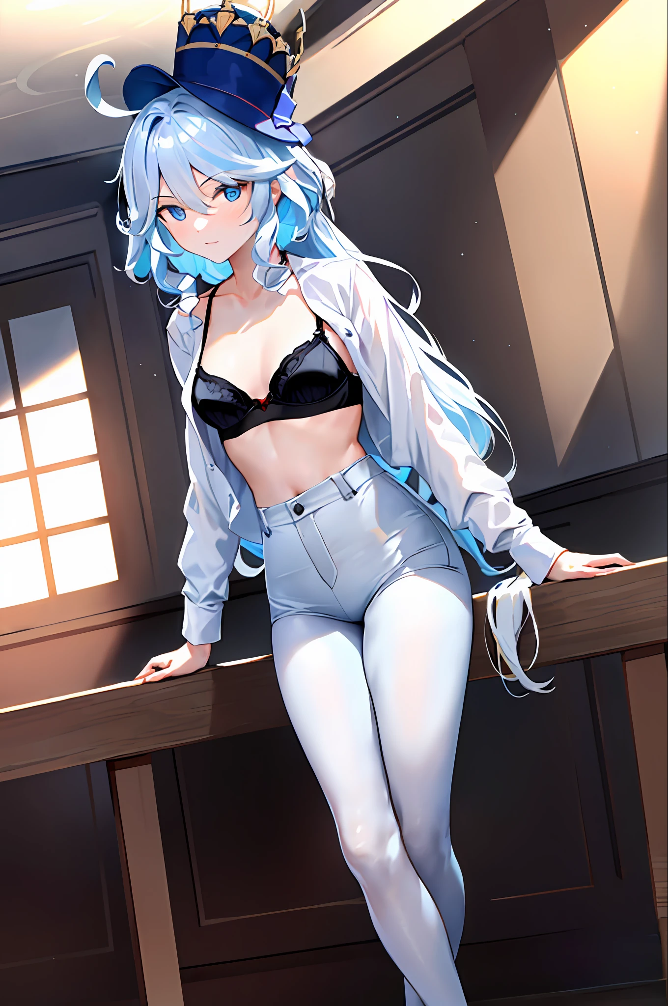 ((masterpiece, best quality)),8k,indoor ,1Focalors,_hold,(white shirt:1.2) ,long hair,looking at viewer,slim waist,black bra, use pantyhose