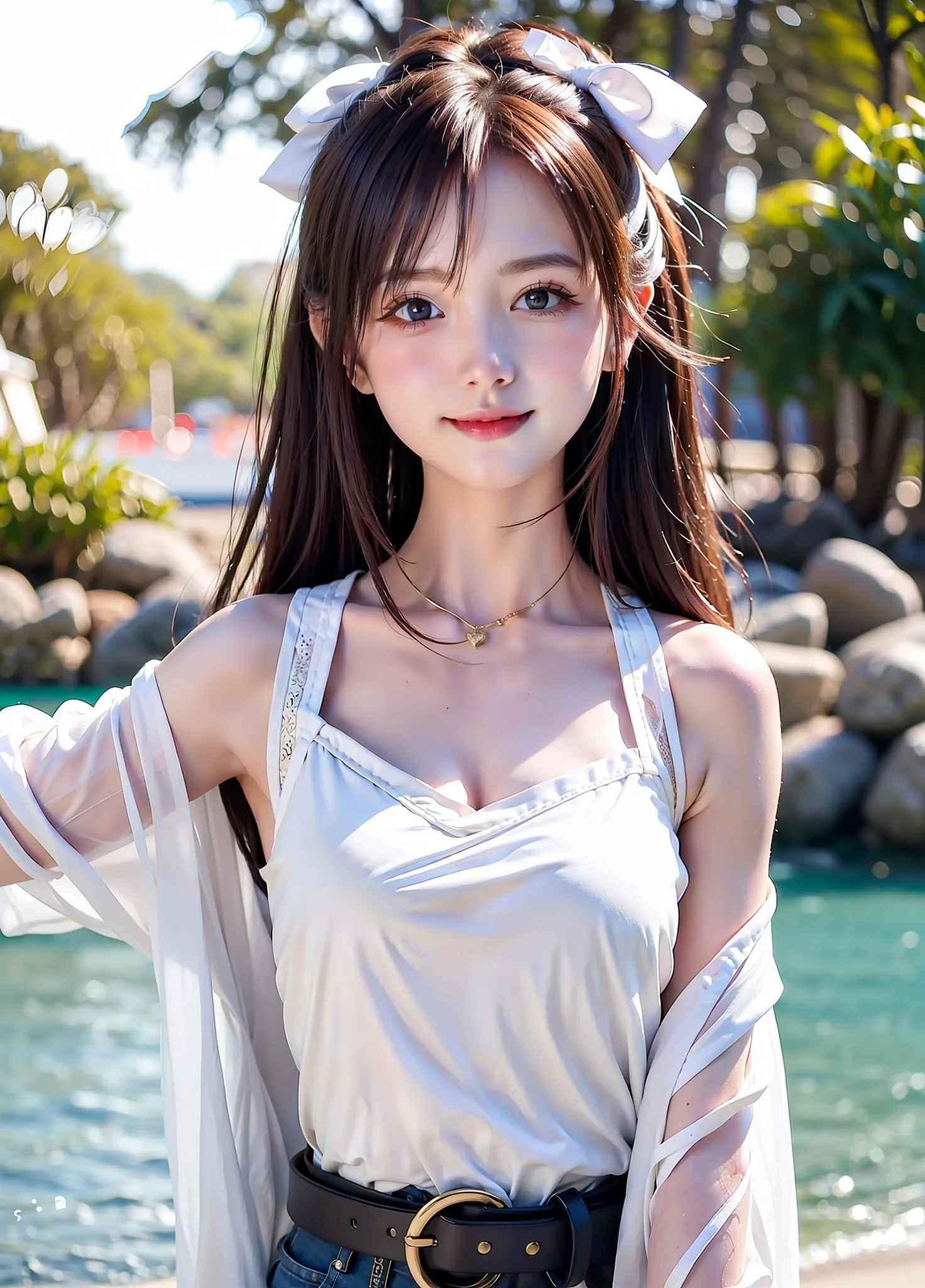 Coastal beauty, 1girl, (bright eyes, sun-kissed skin, carefree expression), beach background, lighthouse, soft sea breeze, playful pose, dynamic composition, golden hour lighting, blurred background, rich colors, fine details, surreal, 50mm lens, relaxing atmosphere. Portrait photography, 35mm film, natural blur, (upper body white chest wrap, white bow belt), underage girl, good fingers, smile, full body, slender legs