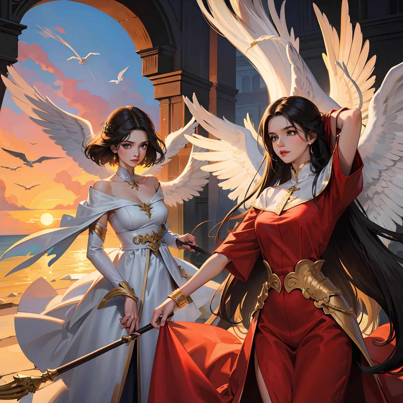 anjo, grandes asas negras, poder vermelho, cabelos longos, espada flamejante