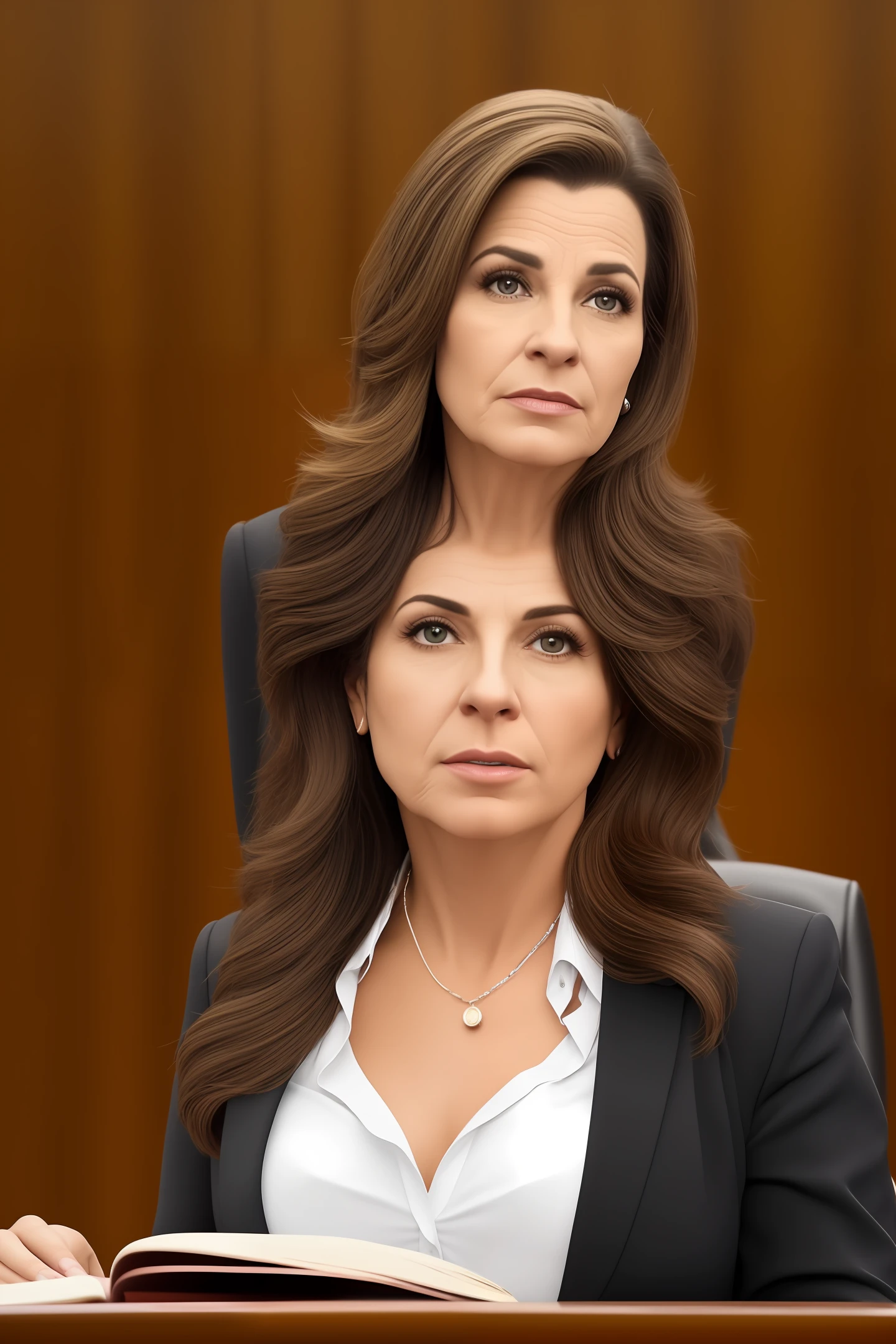 Crie uma imagem em 8k de uma mulher brasileira, com 35 anos, branca, Vesida as a lawyer in a courtroom