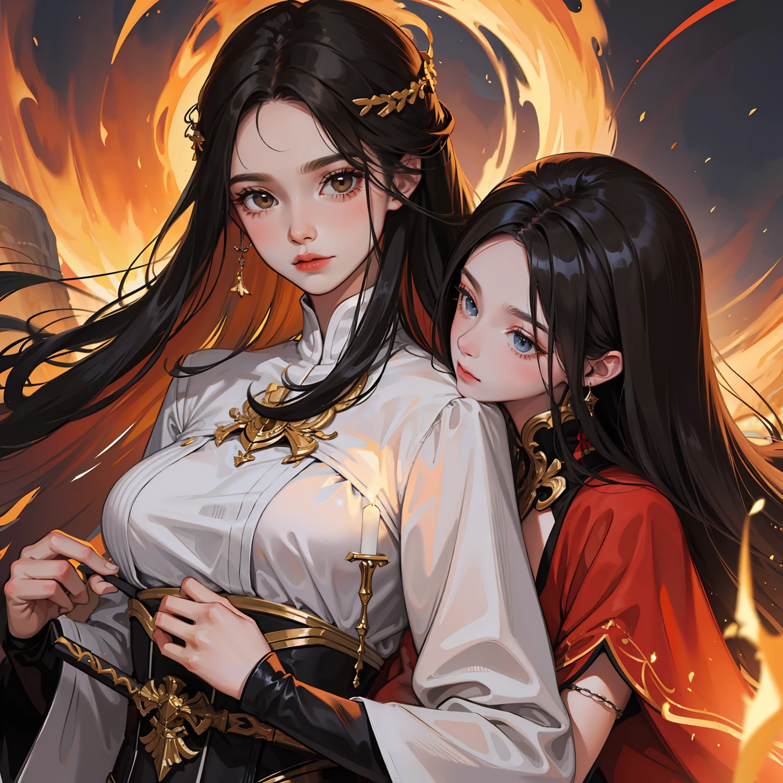 anjo, grandes asas negras, poder vermelho, cabelos longos, espada flamejante