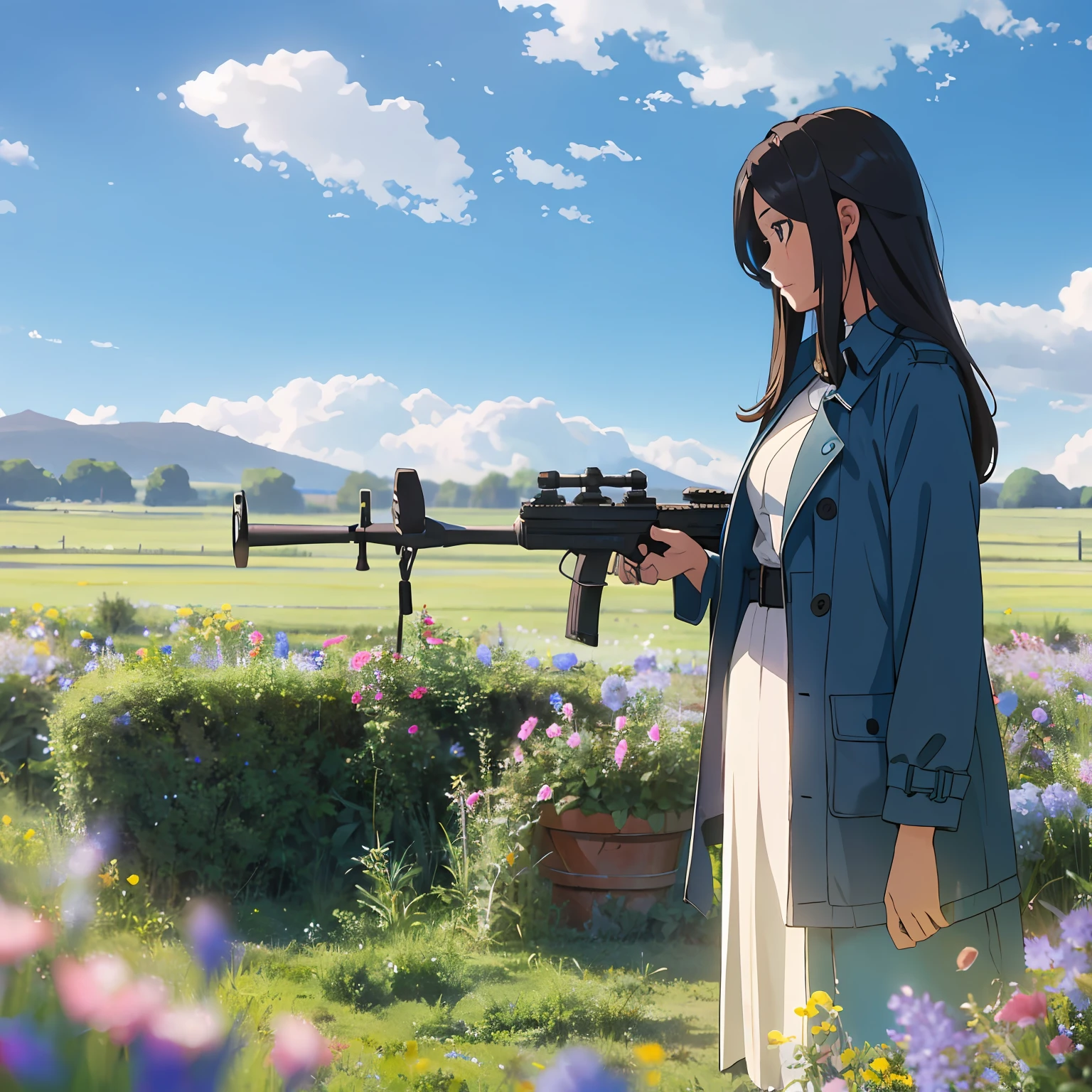 A girl in a clearing holding a sniper rifle Long hair Breeze wearing a blue trench coat Meadows Flowers Blue sky Several white clouds --auto
