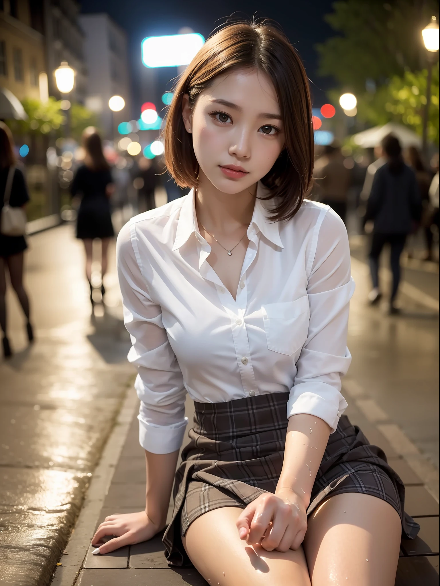 ((top quality, 8k, masterpiece: 1.3, raw photo)), Sharp Focus: 1.2, (1 aespa girl: 1.2), (Realistic, Photorealistic: 1.37), (face focus: 1.1), cute face, small breasts, flat chest, short messy hair, (wet long button white shirt: 1.1), she is rolling up her skirt, showing white panties, Beautiful Woman Sitting Under Street Lamp Light, cinematic lighting