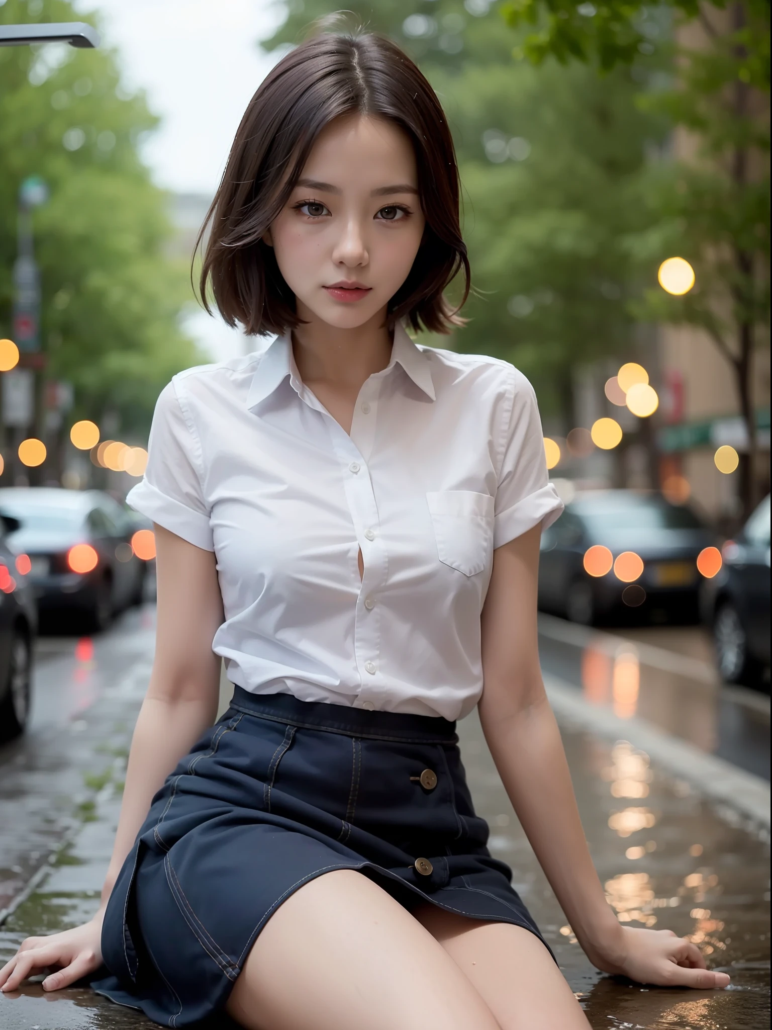 ((top quality, 8k, masterpiece: 1.3, raw photo)), Sharp Focus: 1.2, (1 aespa girl: 1.2), (Realistic, Photorealistic: 1.37), (face focus: 1.1), cute face, small breasts, flat chest, short messy hair, (wet long button white shirt: 1.1), she is rolling up her skirt, showing white panties, Beautiful Woman Sitting Under Street Lamp Light, cinematic lighting