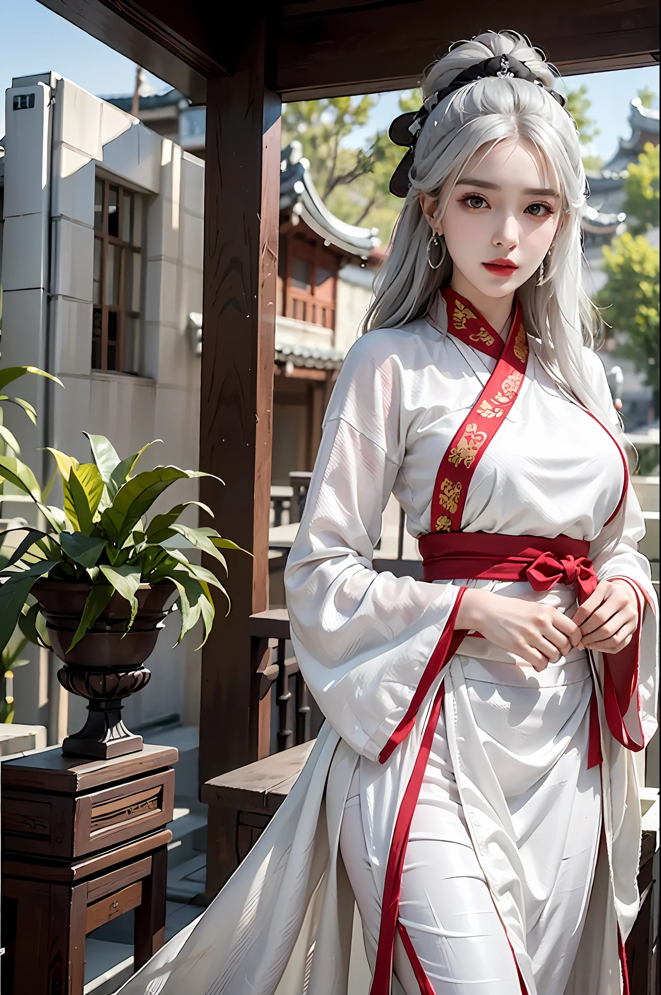 photorealistic, high resolution, 1 girl, hips up, beautiful eyes, light white hair, intricate brocade hanfu, gorgeous accessories, wearing pearl earrings, corlorfulclothes, Chinese architecture