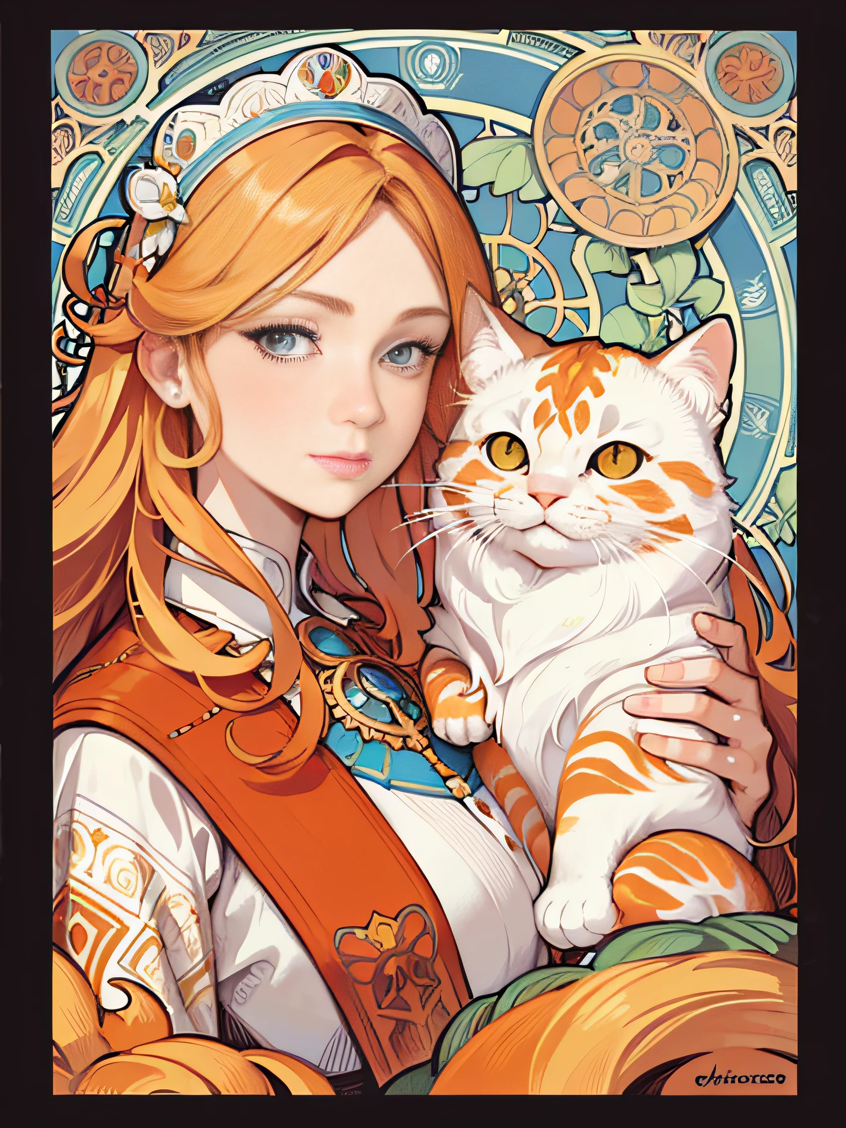 Facial portrait of European woman with giant orange cat,with long coiled hair,blond hairbl,Floral frame,Decorative panels,abstract artistic,Alphonse Mucha(tmasterpiece,best qualtiy,A high resolution:1.4),A detailed,complexdetails,4K,splash of color,Line art,Fibonacci,Cute white cat