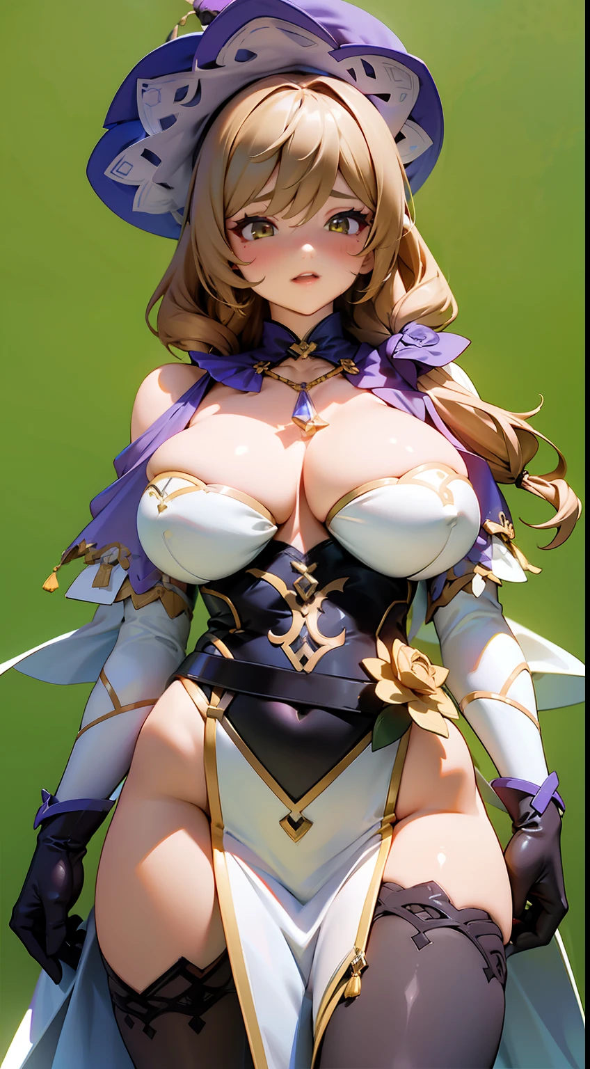 Lisa Genshin Impact),Pure yellow premium comic background,Expose abs,Slim figure,cropped shoulders,huge tit,White dress at the bottom,Mesh garment,Cocked buttocks,Fleshy thighs,Below the waist are mesh stockings,Masterpiece,hyper-detailed face,Deep rendering