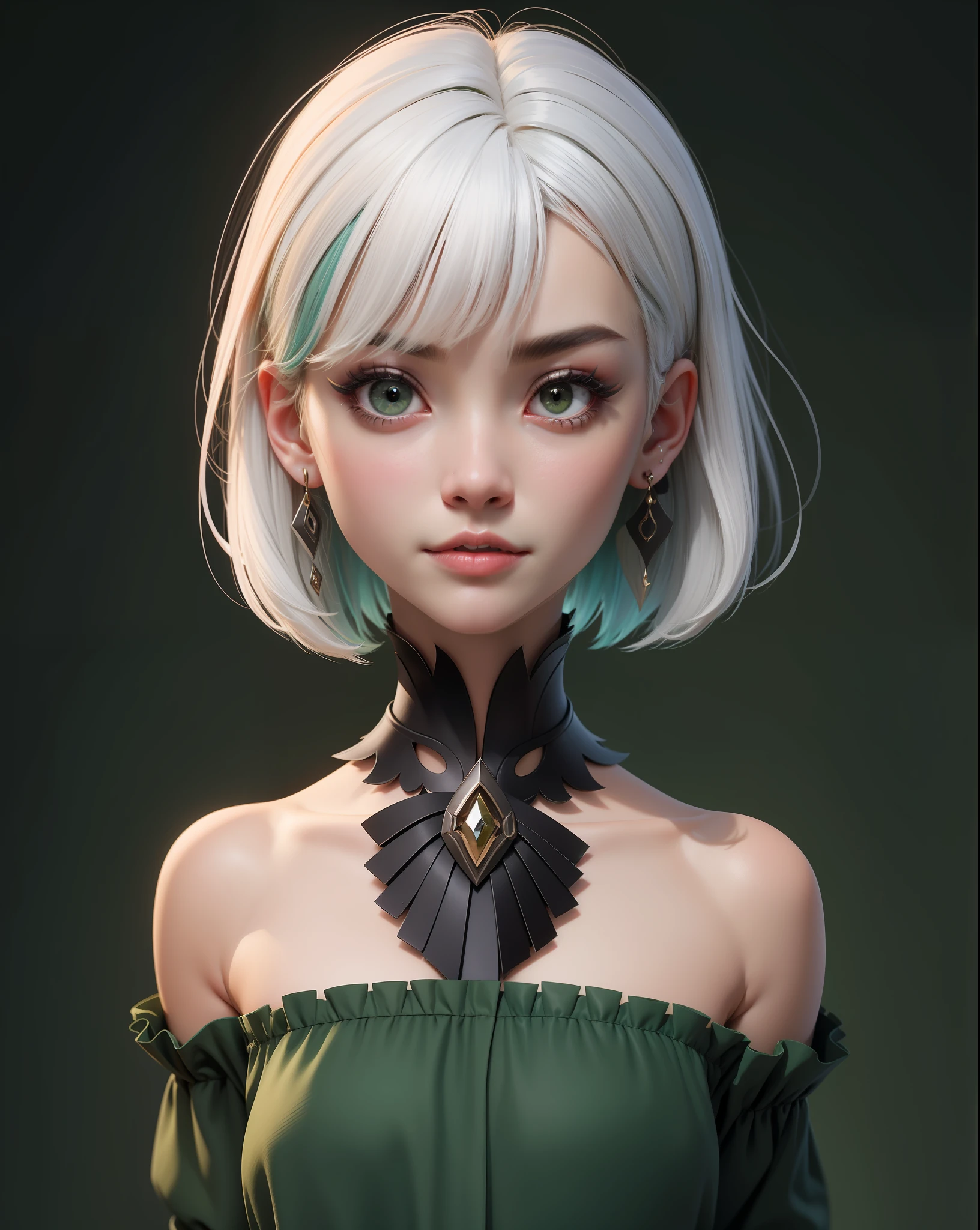 I'm looking at the front、Green green blouse、high-necked、The upper part of the body、Serious、a closed mouth、short-haired、oblique bangs、oblique bangs、top-quality, femal、独奏, white hair, A dark-haired, piercings, two tone hair, Parted lips, Black eye, s lips, gotik, Mole, colourfull、Fantastic world of greenery、hitornfreckles、The wind is blowing、Eyes sparkle、Green gradient background