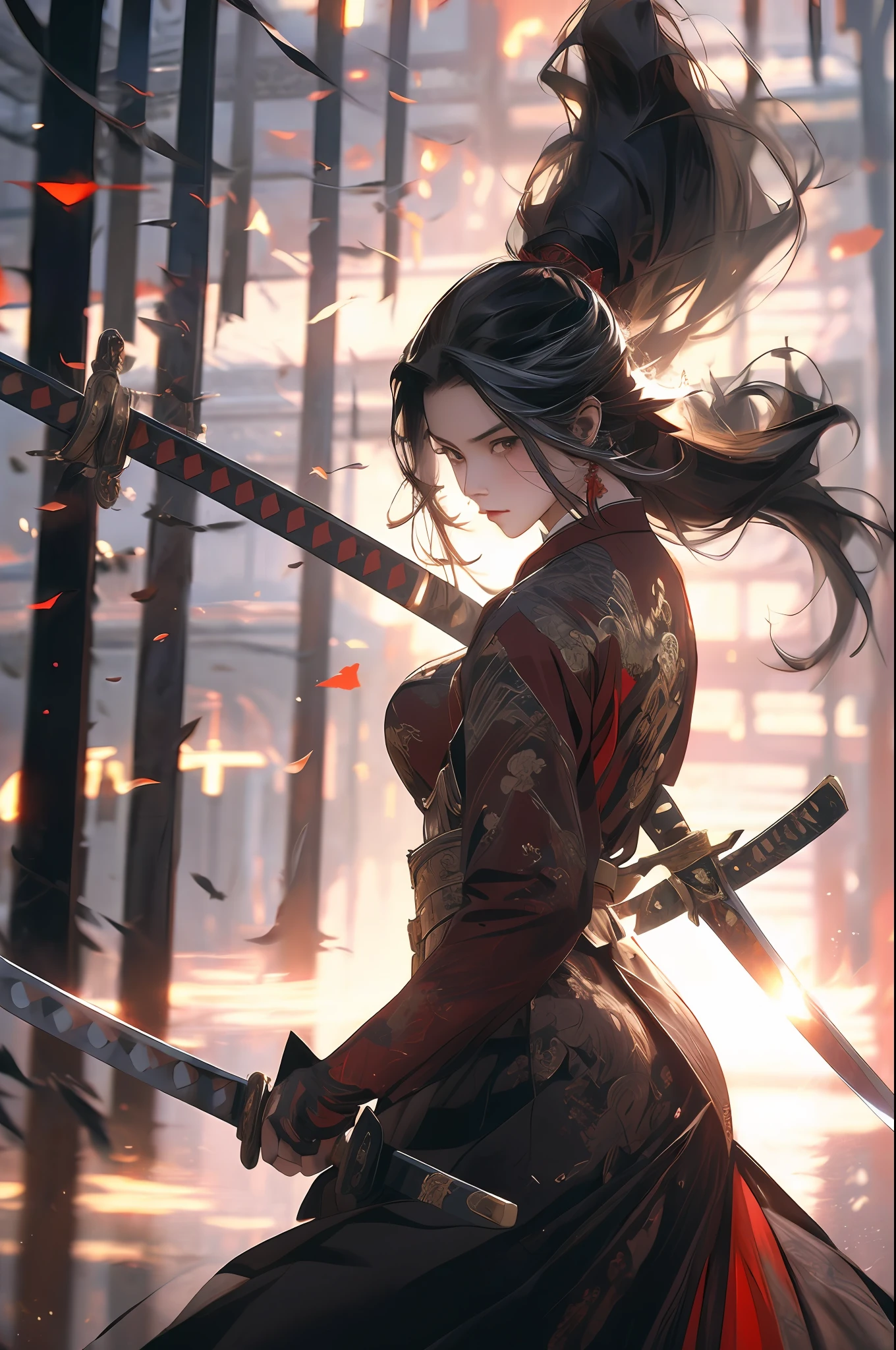 (Fidelity: 1.4), Best Quality, Masterpiece, Ultra High Resolution, Poster, 8K, Fantasy Art, Dynamic Lighting, Art Station, Poster, Volume Lighting, Very Detailed Faces, 4k Wallpaper, Award-Winner, A Girl with a Sword, Red Headband, Long Black Hair, Long Flowing Hair, Katana, Holding a Great Sword, Demon Samurai, Black Clothes, Red Belt, Red Sword Qi, Dynamic Perspective, Dramatic Composition, (Ultra: 1.4), Ancient Chinese Architecture Background, A Round of Red Moon, Movie Lighting