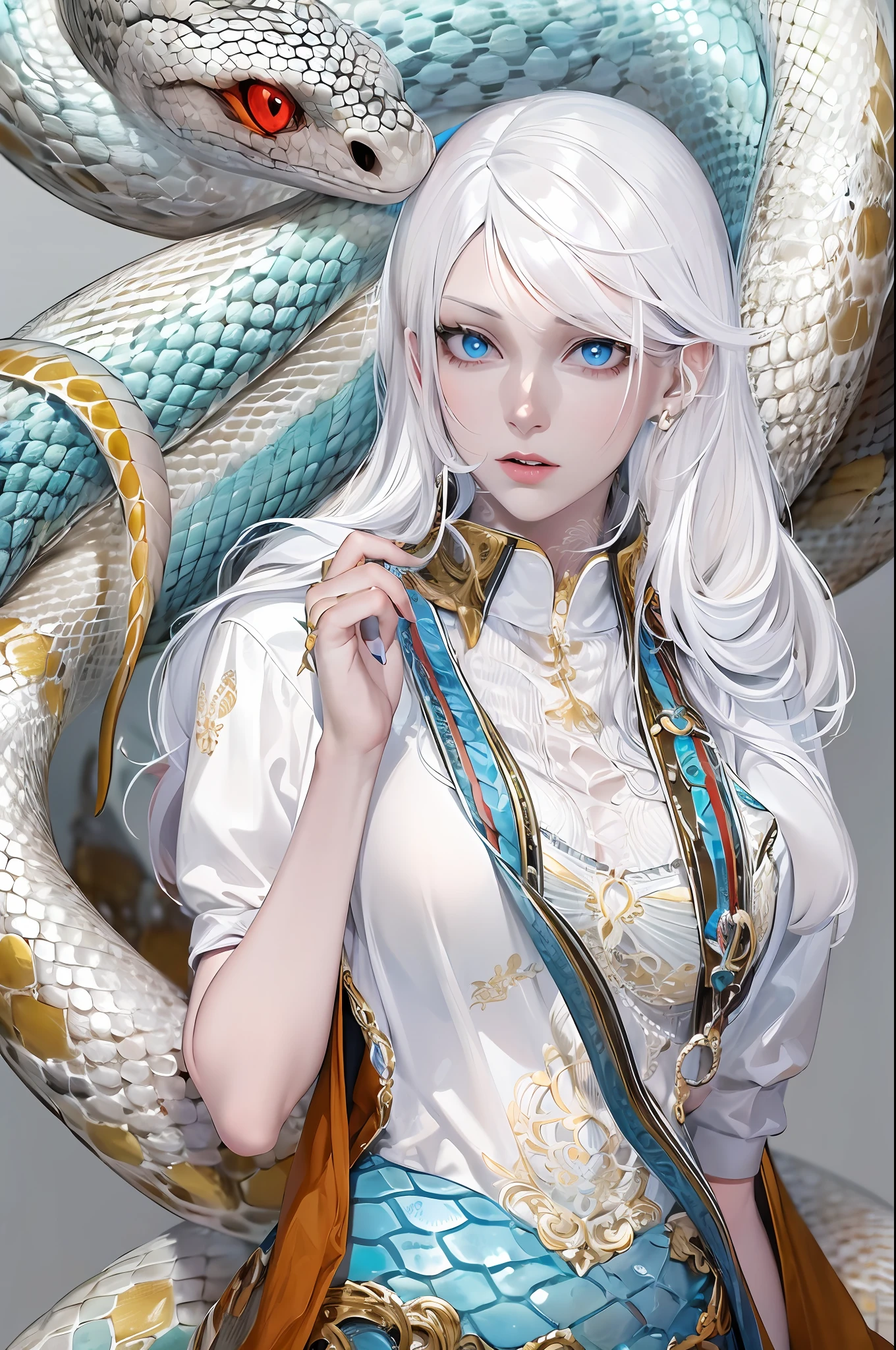 1girl, white hair, bright blue eyes, modern clothing, fashion outfit, long hair, albino snake with blue scales and red eyes, background is magnificent and ultra detailed