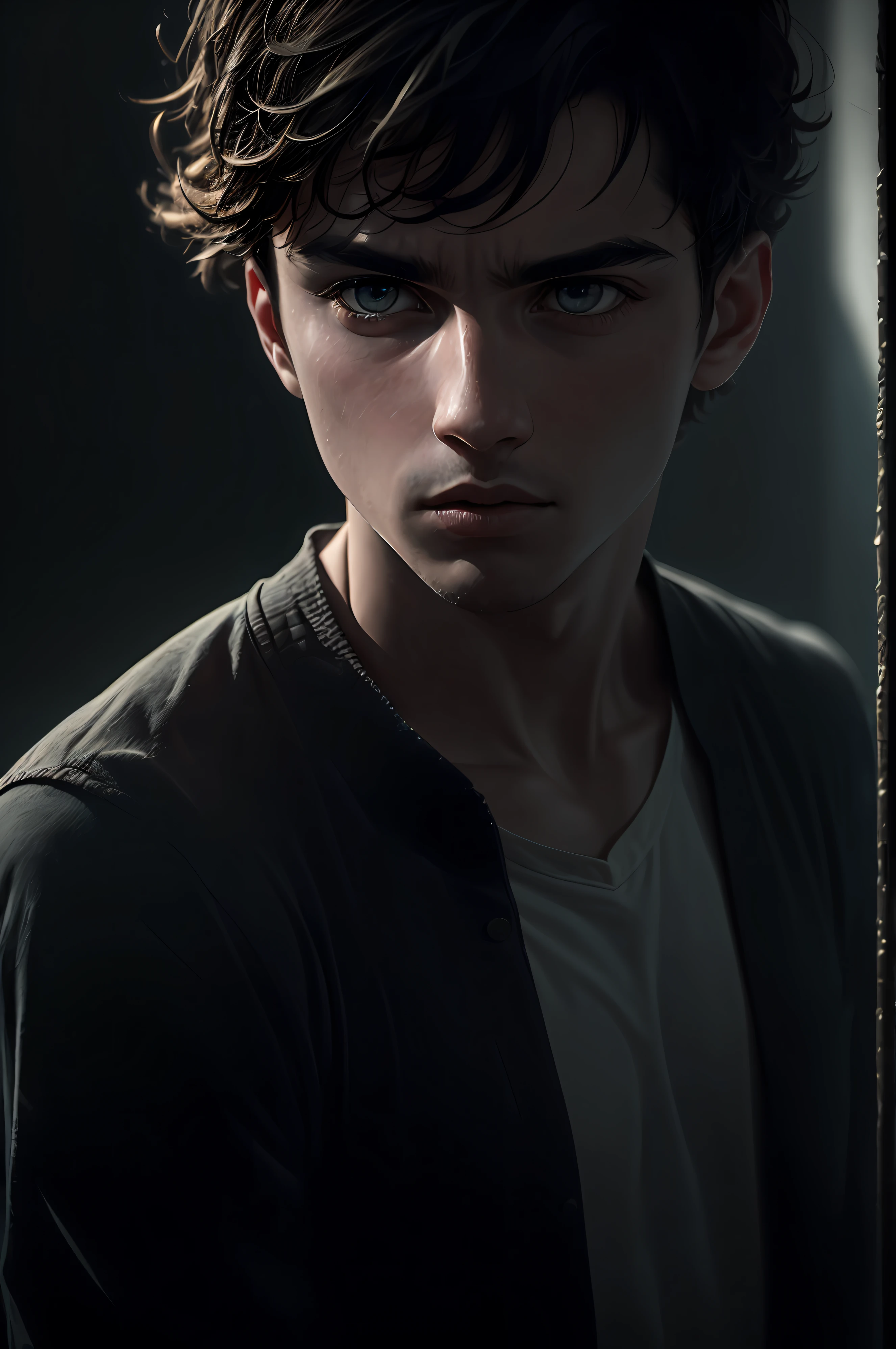 (sharp focus:1.2), an award-winning shot of a casual boy, thunderstorm outside, dull backlighting, extremely detailed skin, sadness, hopelessness, bleary eyes, (deep shadows:1.1), high contrast, beautiful eyes, absurd, 8k, (high quality: 1.3), , artstation hd, concept art, detailed face and body, award winning photography, (moody lighting:1.2), depth of field , bokeh, 4K, HDR