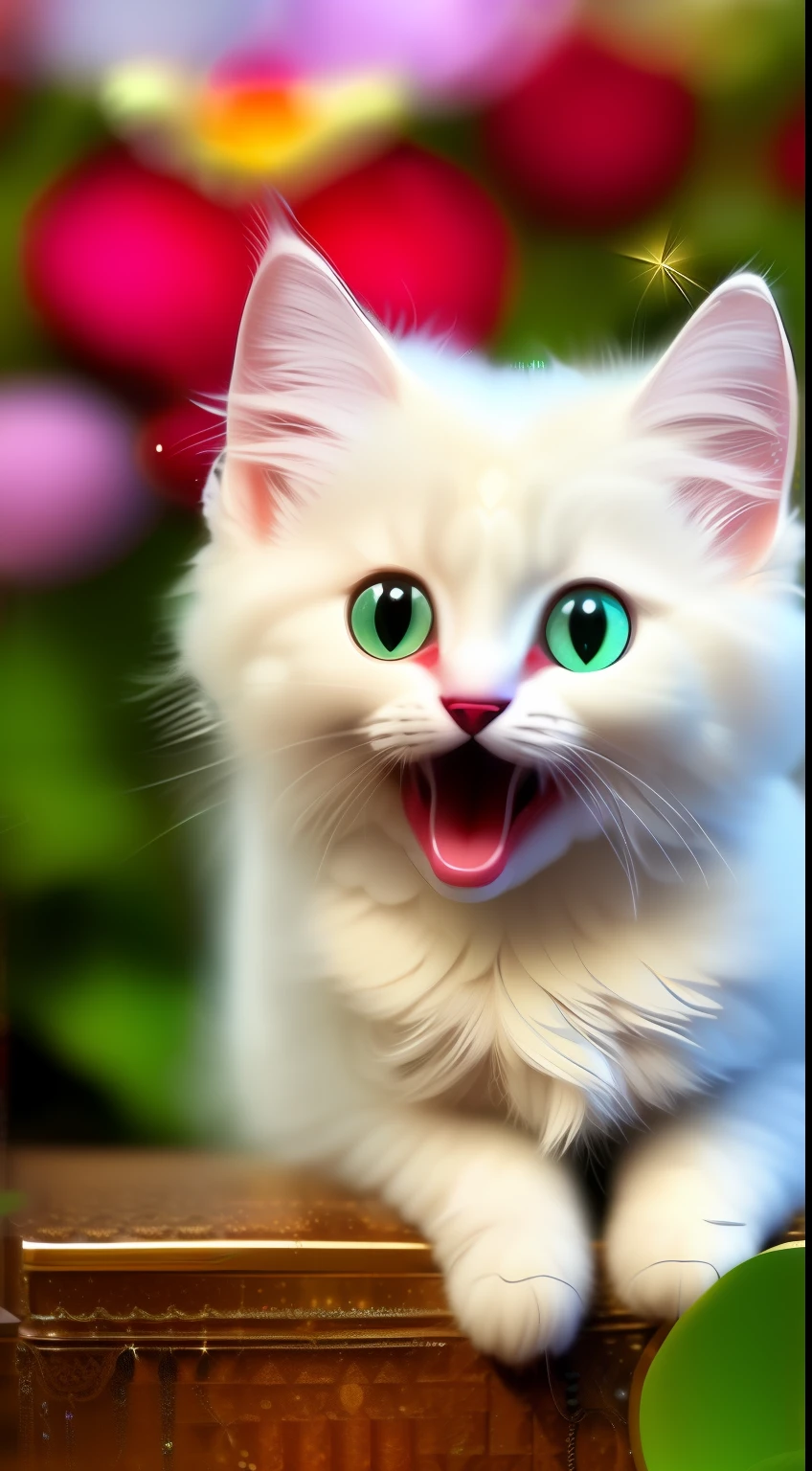 A white-haired kitten, shaggy,sparkle eyes,Jewelry and flowers in the background,Open-mouthed,ssmile,Funny,Left,Round box,Catstravaganza
