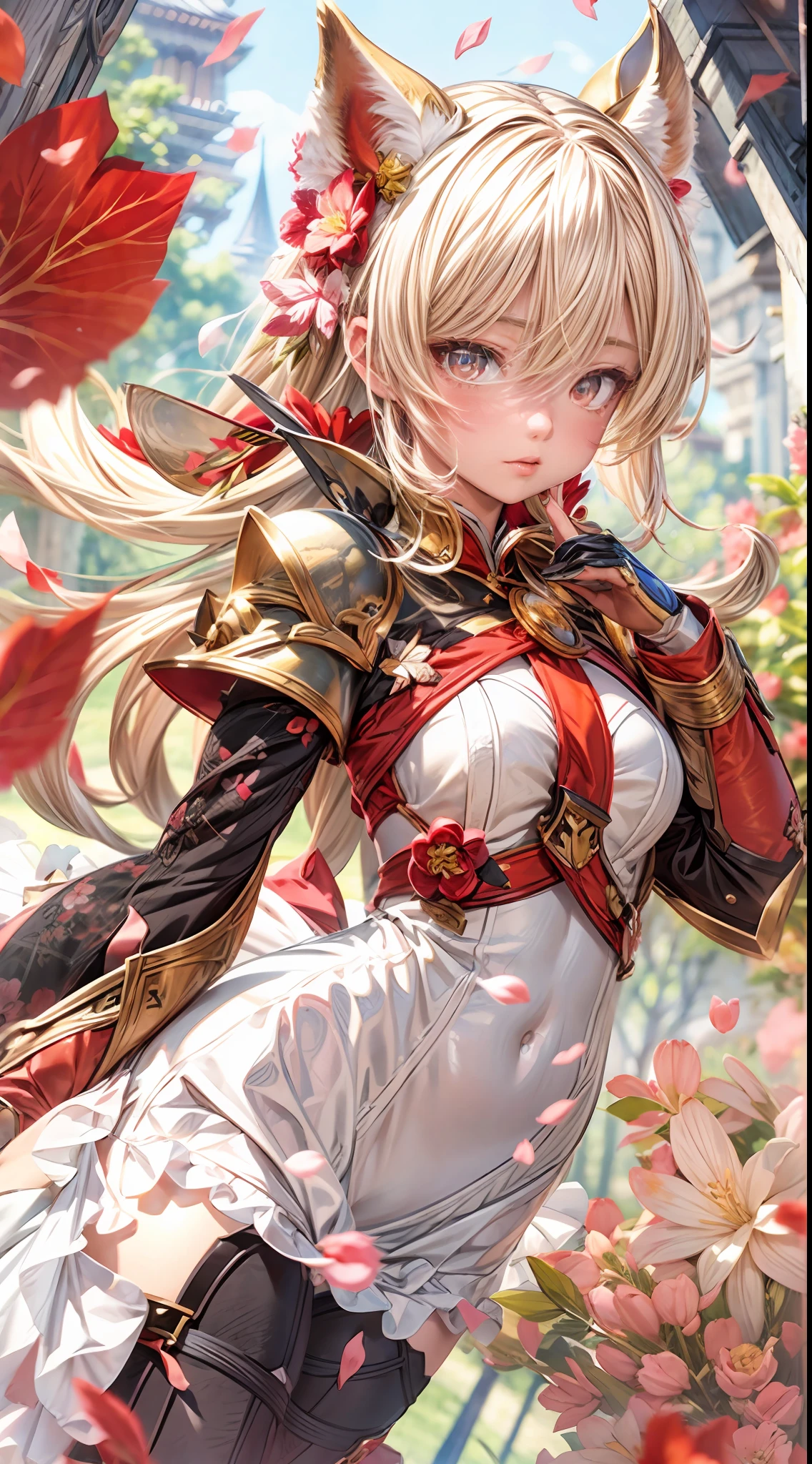 masterpiece, fantasy, best quality, anime style, wide-angle, full-body shot, front view, Tera Elin, an anime girl in a red dress and red boots, Sakura Kinomoto, Sakura petals around her, kitsune-inspired armor, crimson-themed, white, and red armor, spellcasting pose, fantasy outfit, yellow/golden short hair color, white tights, green glowing eyes, Sakura season, dynamic lighting, highly detailed anime, Anime Style, Manga Style, Hand drawn, cinematic, sensual, Sharp focus, humorous illustration, concept art, Vivid colors, Intricate, Vibrant colors, Soft Shading, Sharp Angles, Playful