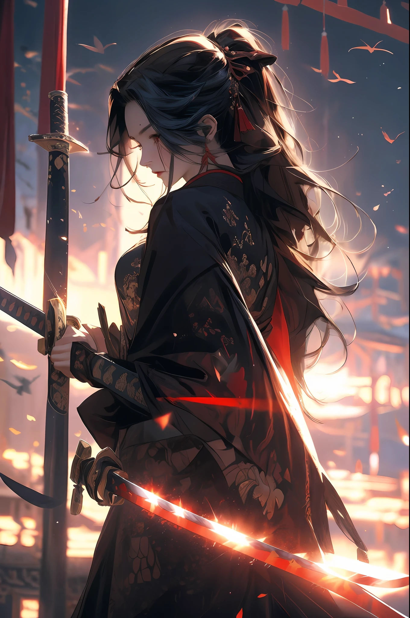 (Fidelity: 1.4), Best Quality, Masterpiece, Ultra High Resolution, Poster, 8K, Fantasy Art, Dynamic Lighting, Art Station, Poster, Volume Lighting, Very Detailed Faces, 4k Wallpaper, Award-Winner, A Girl with a Sword, Red Headband, Long Black Hair, Long Flowing Hair, Katana, Holding a Great Sword, Demon Samurai, Black Clothes, Red Belt, Red Sword Qi, Dynamic Perspective, Dramatic Composition, (Ultra: 1.4), Ancient Chinese Architecture Background, A Round of Red Moon, Movie Lighting