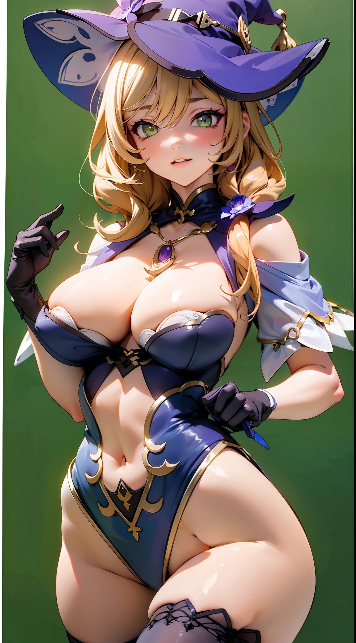 Lisa Genshin Impact),Pure yellow premium comic background,Expose abs,Slim figure,cropped shoulders,huge tit,White dress at the bottom,Mesh garment,Cocked buttocks,Fleshy thighs,Below the waist are mesh stockings,Masterpiece,hyper-detailed face,Deep rendering