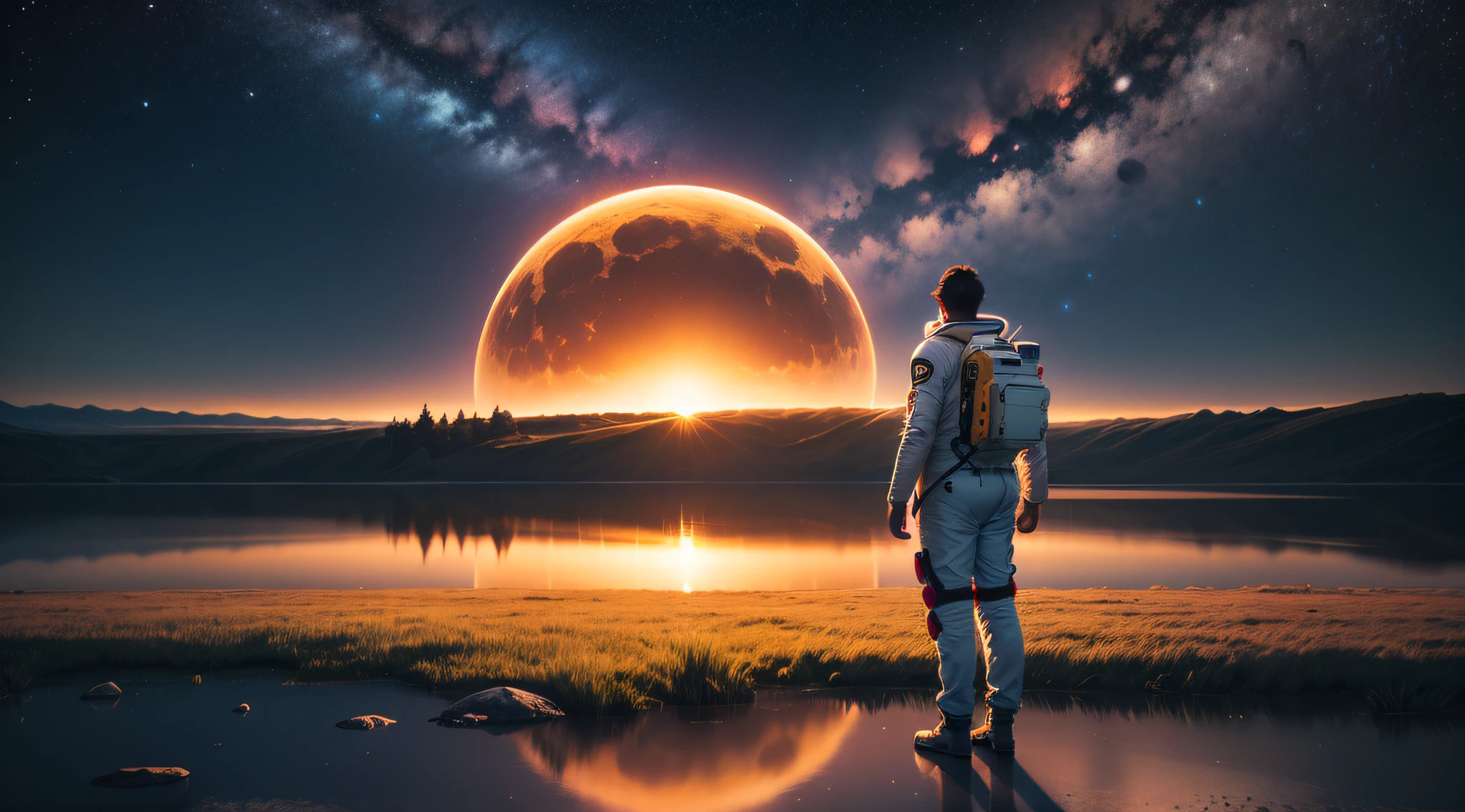 A man in a spacesuit standing on a lawn by a lake looking at the rings of the planet Saturn,3D faz bipe, noite de ceu estrelado nebulosas de galaxias, fantasia. . --auto
