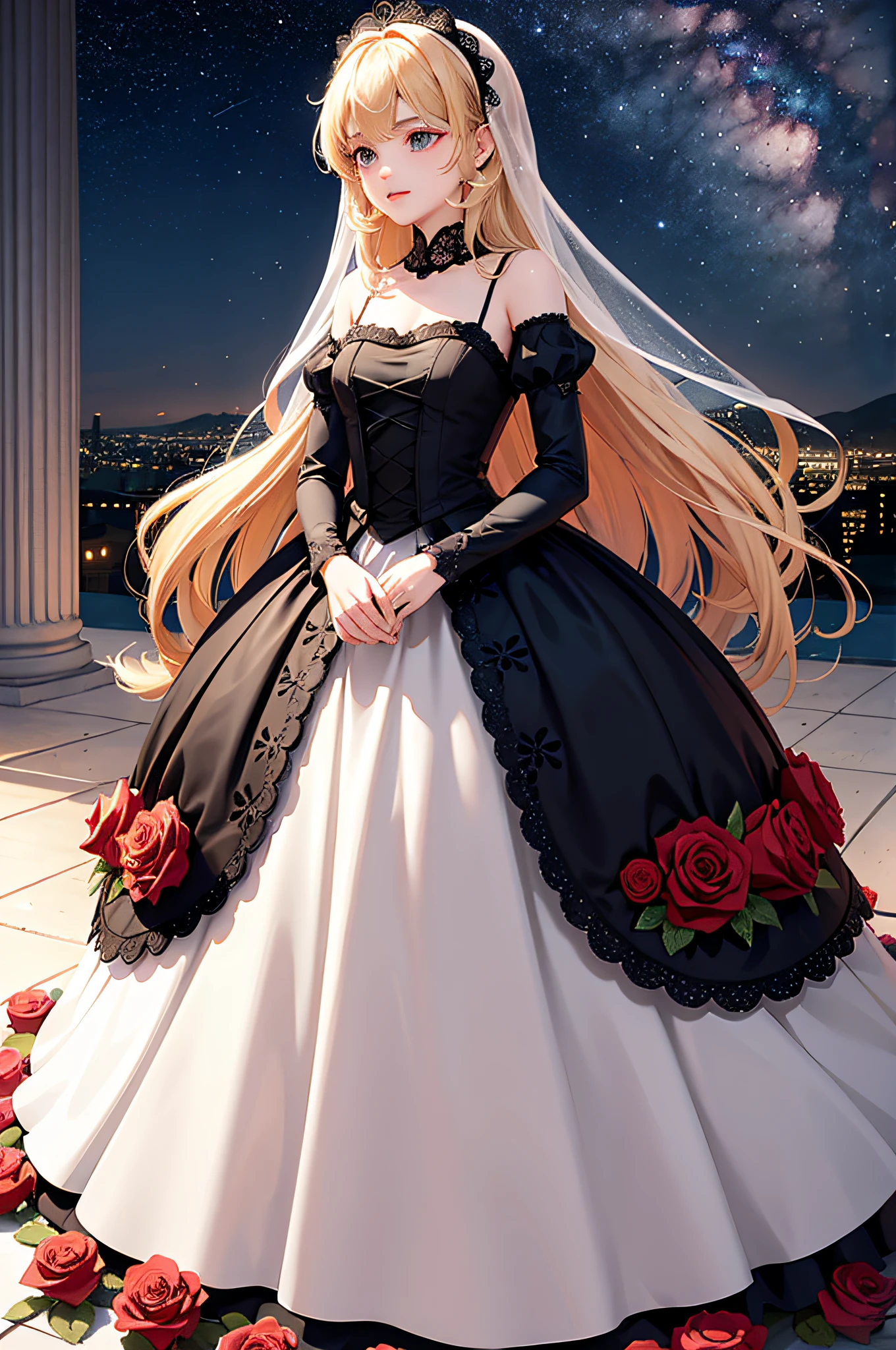 ((​masterpiece)), (top-quality), (detaileds),4K resolution. 1girl in,foco nítido、a blond,Princess Cut,odd eye,Older sister,diet,long,Red Rosa,tiarra,Black Dress,curlyhair,small tit,small tits,Cool,Rose Dress,embroideries,oriental,A sexy,Sareme,milkyway、small nose,narrow nose and small nose,,,,,,,,,,,,,,,,,,,,,,,,,,,,,,High small nose,small nostrils,see -through,Full body like,oblique,1girl in,Golden hair color,Light hair color,Beige hair color,Rosa,Red Rose,Rosa,Red Rose,Rose Dress,weddingdress,Arm Cover，Adults，adult lady，veils，Her，His arms folded