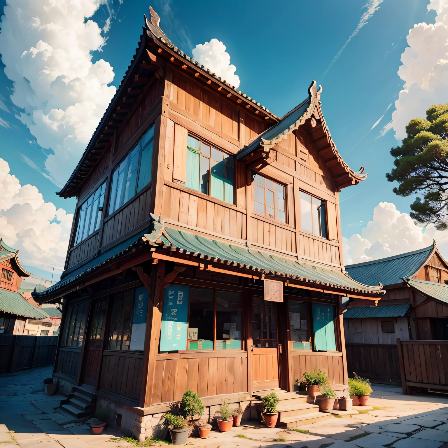 Ancient wind，Quaint，Chinese，Restaurant hostel，The exterior of the entire building，wood，multi-layer，Large detached building，with blue sky and white clouds
