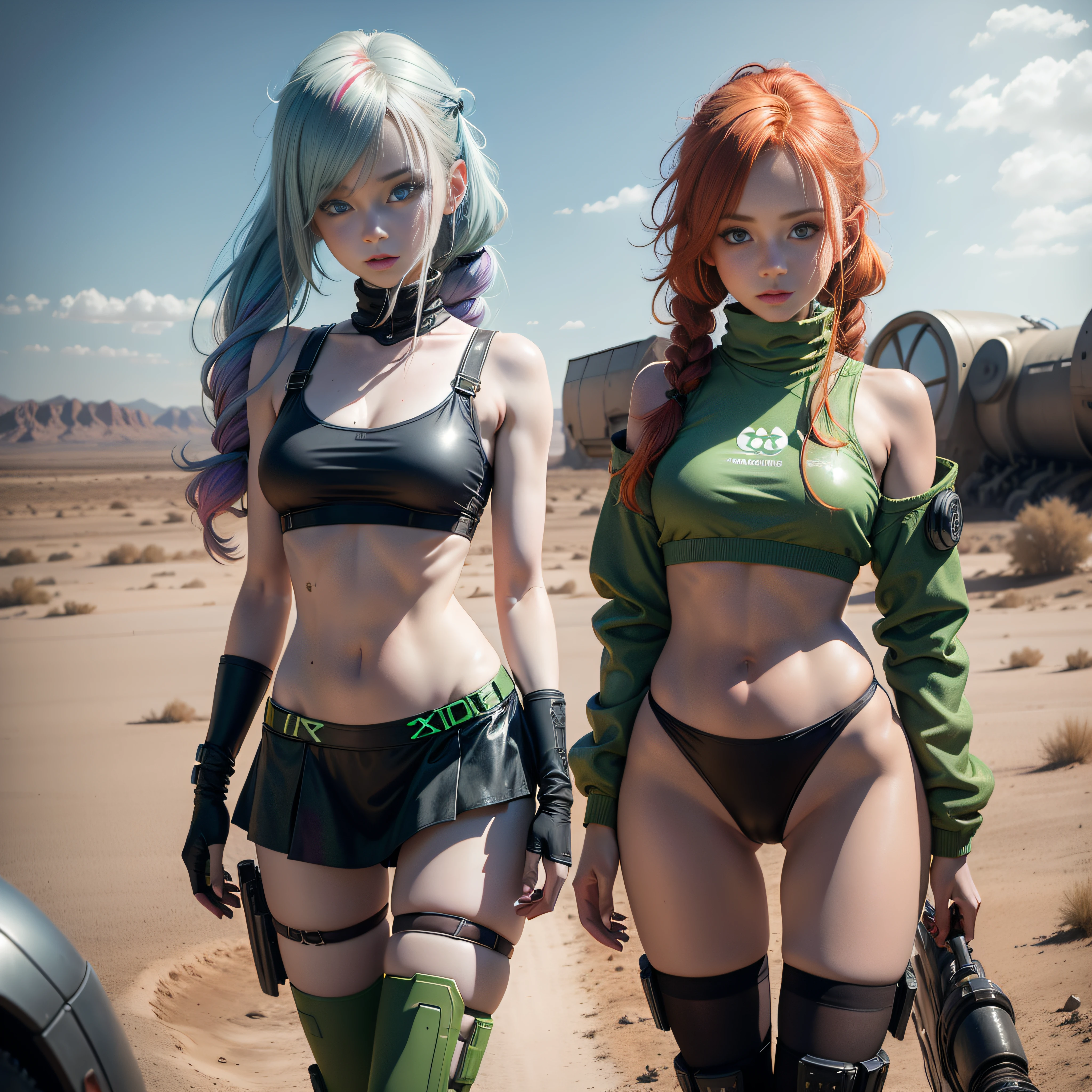 cute redhead woman in twin tails, multiple rainbow colored hair, sky-blue eyes, happy, Ukrainian, petite, pale skin, wearing a green metallic color bikini, but black pantyhose on her legs only, post apocalyptic background, bleak barren desert, photo realistic woman, only one woman.