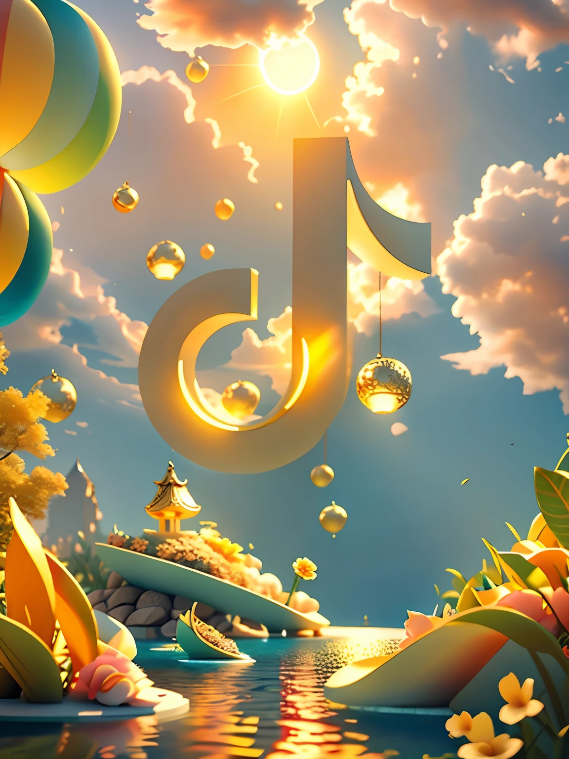 There is a photo of a figure floating in the water, Logo on TikTok, tiktok, tiktok 4 k uhd image, tiktok video, 3 D 徽标, ultra realistic 3d illustration, Unlimited gold，smooth 3d cg render, Illustration 8 K, very realistic 3 d render, depicted as a 3 d render，In the background is a golden garden，The animals are happy，Colorful flowers，the setting sun，