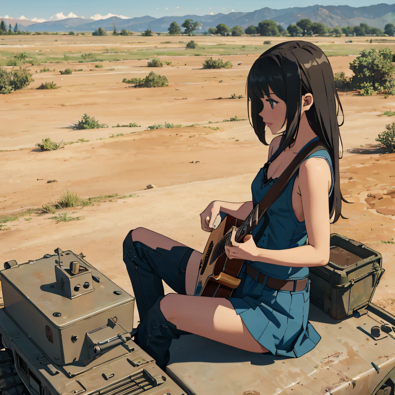 Ruined city Girl sitting on a tank with multiple craters playing guitar Wearing a blue combat uniform Half a leftover bread