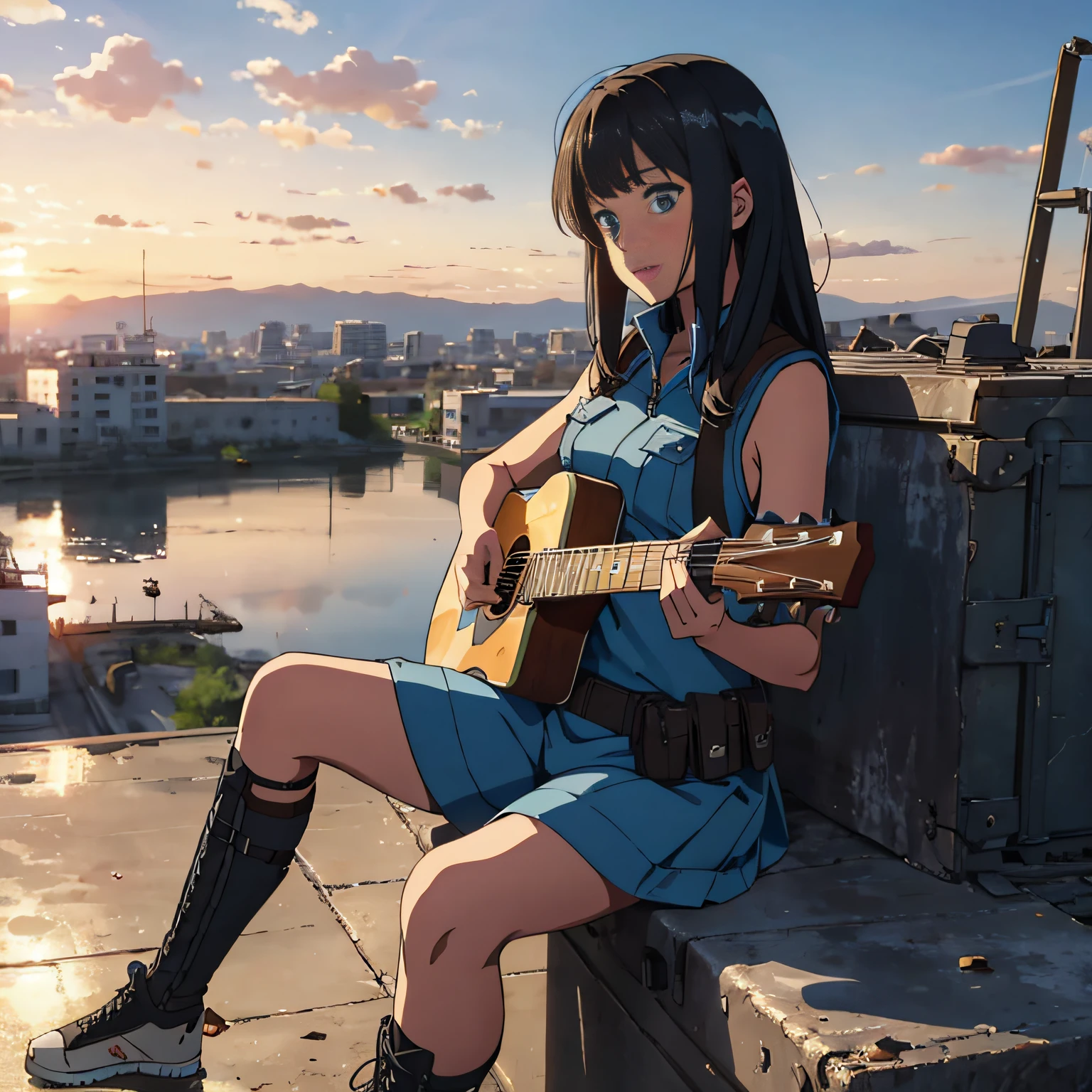 Ruined city Girl sitting on a tank with multiple craters playing guitar Wearing a blue combat uniform Half a leftover bread