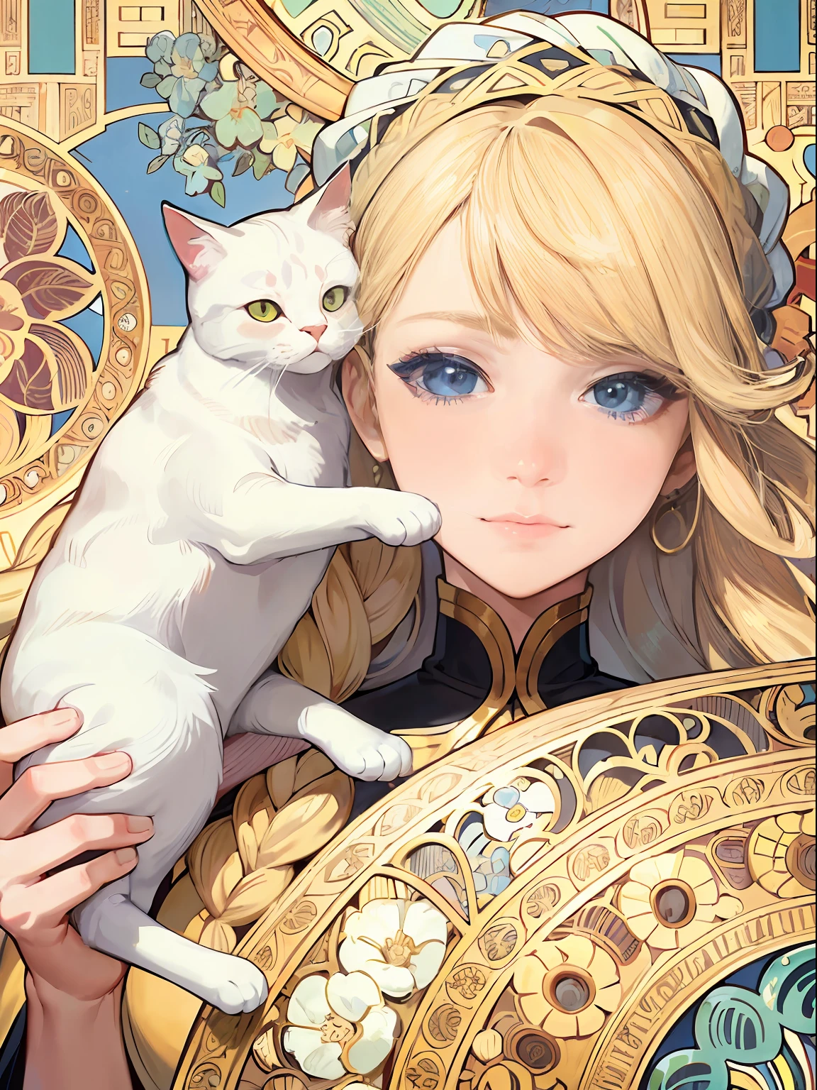 Facial portrait of European woman with Maine giant cat，with long coiled hair，blond hairbl，Floral frame，Decorative panels，abstract artistic，Alphonse Mucha（tmasterpiece，best qualtiy，A high resolution：1.4），A detailed，complexdetails，4K，splash of color，Line art，Fibonacci,Cute white cat