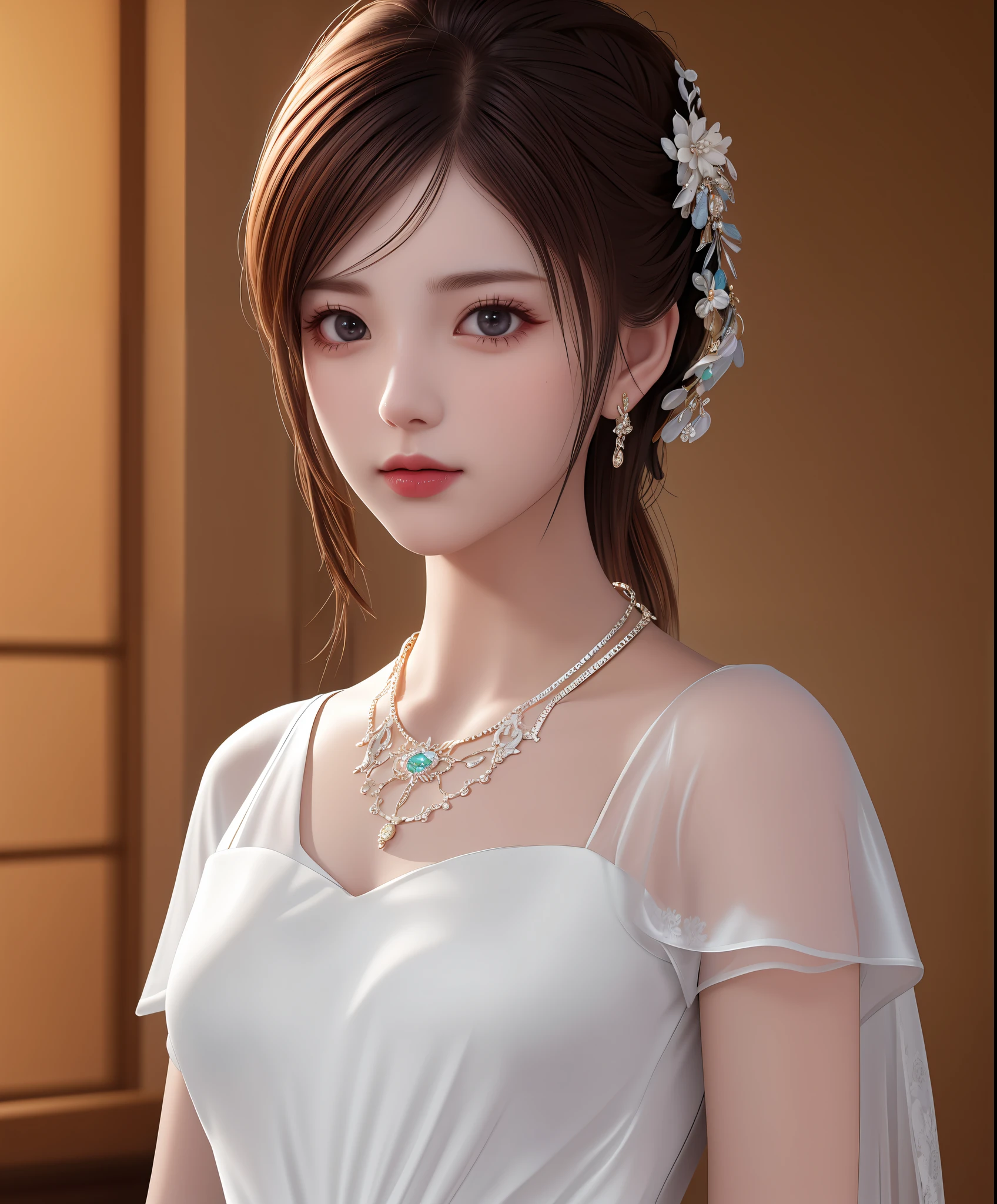 Best quality, masterpiece, high resolution, 1girl, porcelain dress, hair accessories, necklace, jewelry, beautiful face, on the body, Tyndall effect, realistic, dark studio, edge lighting, two-tone lighting, (high detail skin: 1.2), 8k UHD, dslr, soft light, high quality, volumetric light, candid, photo, high resolution, 4k, 8k, background blur,
