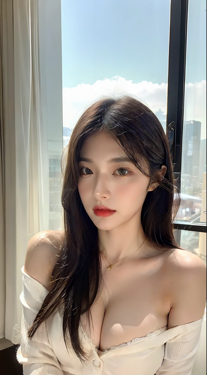 (8k, RAW photo, best quality, masterpiece:1.2), yjnn, 1girl, 3d, asian, bangs, bare_shoulders, bra, breasts, brown_eyes, brown_hair, cleavage, bitch_face, modern luxury apartment overlooking the city background, huge windows soft curtains marble surfaces inside, sprawling expansive cityscape modern metropolis in background, delicate gold jewellery, lips, long_hair, long_sleeves, looking_at_viewer, medium_breasts, nose, off_shoulder, open_clothes, open_shirt, panties, realistic, shirt, solo, stomach, underwear, undressing, upper_body, white_bra, white_panties, white_shirt, dewy skin, beautiful delicate face, beautiful delicate eyes, (realistic, photo realistic:1), dewy glow skin, glossy skin looks, eyelash extensions, Broad lighting, natural shading, natural shadow