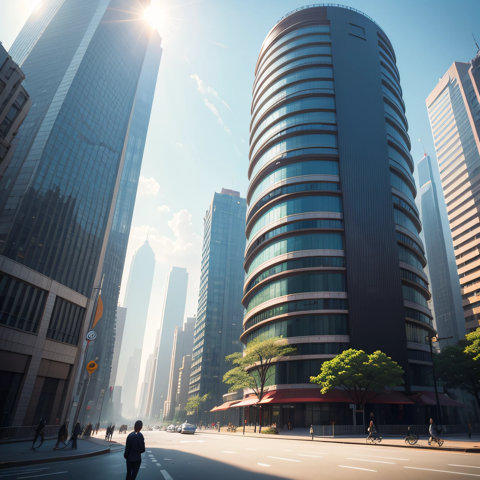 Strange shaped buildings,Realistic style,Characterful,curves,radian,Compliance with mechanical requirements。towering,In the middle of the city,Skysky,baiyun,and the sun was shining brightly