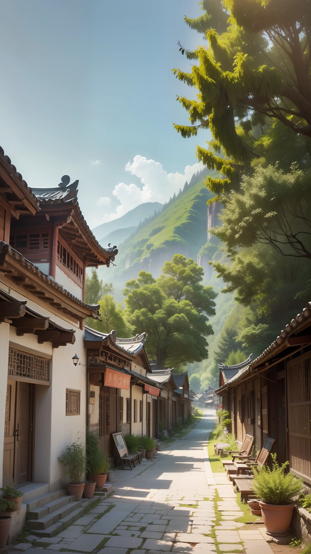 (Ultra wide-angle lens), (Best masterpiece), 8K, An ancient Chinese town nestled in mountains and hills, with lush trees, verdant leaves, murmuring streams. The visuals are exquisite and beautiful, brimming with sunshine.(white background:1 .5),white background,outside border