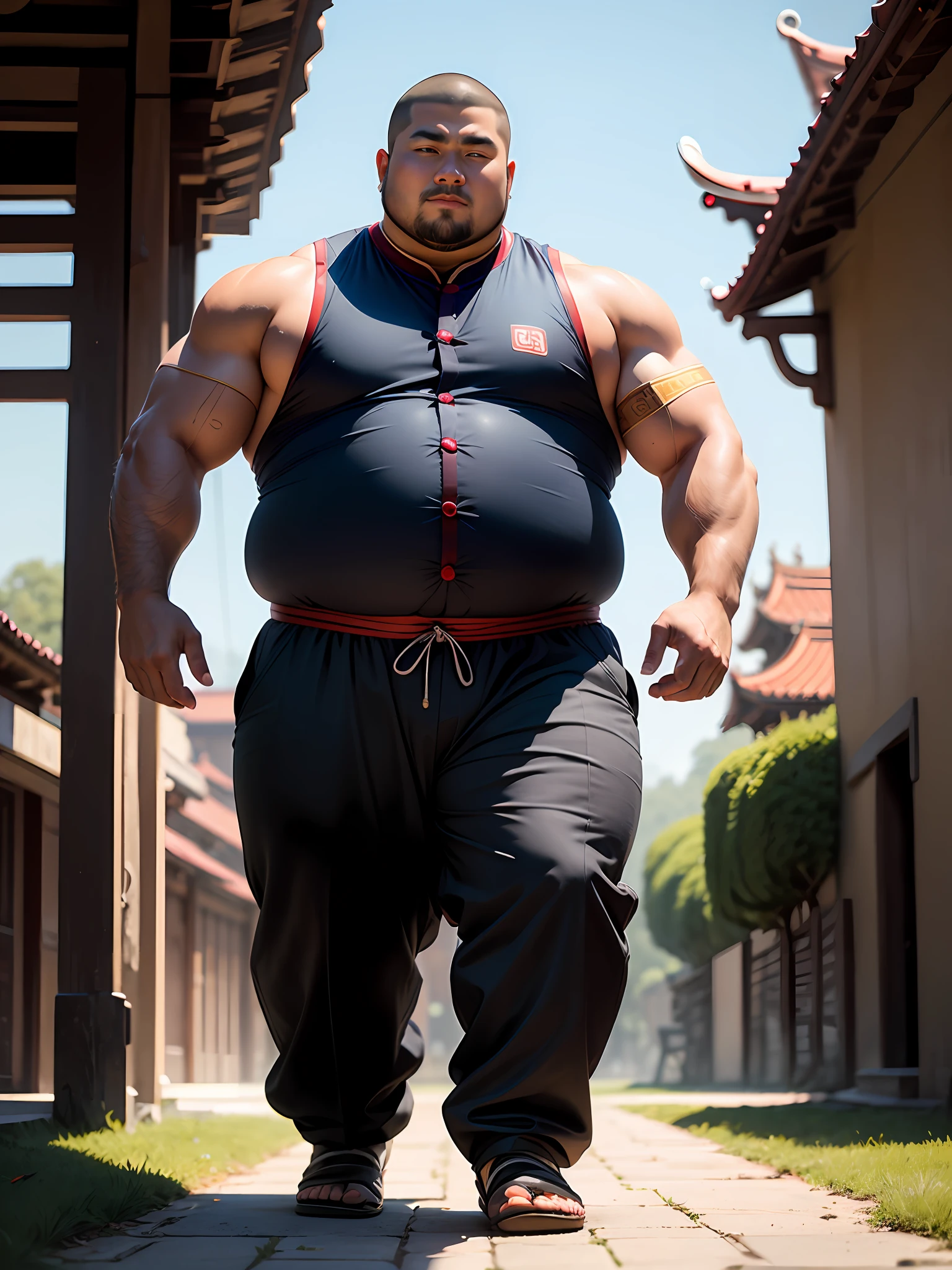 Chinese man in ancient costume,Lanterns,Ancient buildings,Temple,Asian muscular chubby man,Fat,Strong,Jayrent,skinhead,Feet,soccer ball,Sports ,full bodyesbian,Sunny,grassy fields,Black vest,big feet