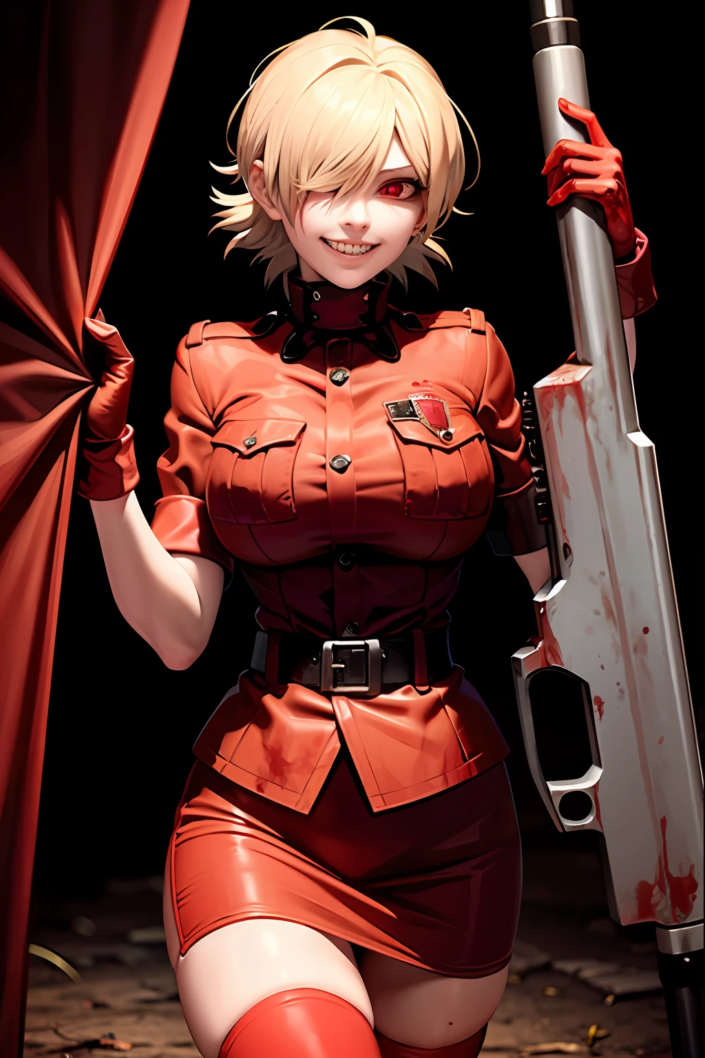 (masterpiece, best quality:1.2), (covered in blood,:1.3) walking, seras victoria, hellsing, 1girl, solo, hair over one eye, smile, sharp teeth, short hair, blonde hair, glowing red eyes, huge breasts, red uniform, military uniform, red skirt, red gloves, belt, (black thighhighs:1.1), torn thighhighs, night sky, outdoors, (holding, anti-materiel rifle:1.1),