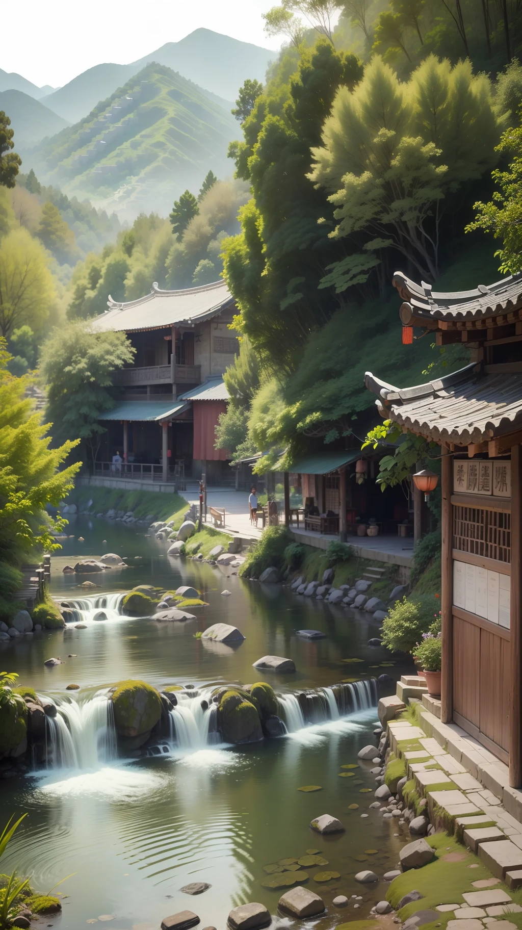 (Ultra wide-angle lens), (Best masterpiece), 8K, An ancient Chinese town nestled in mountains and hills, with lush trees, verdant leaves, murmuring streams. The visuals are exquisite and beautiful, brimming with sunshine.(white background:1 .5),white background,outside border