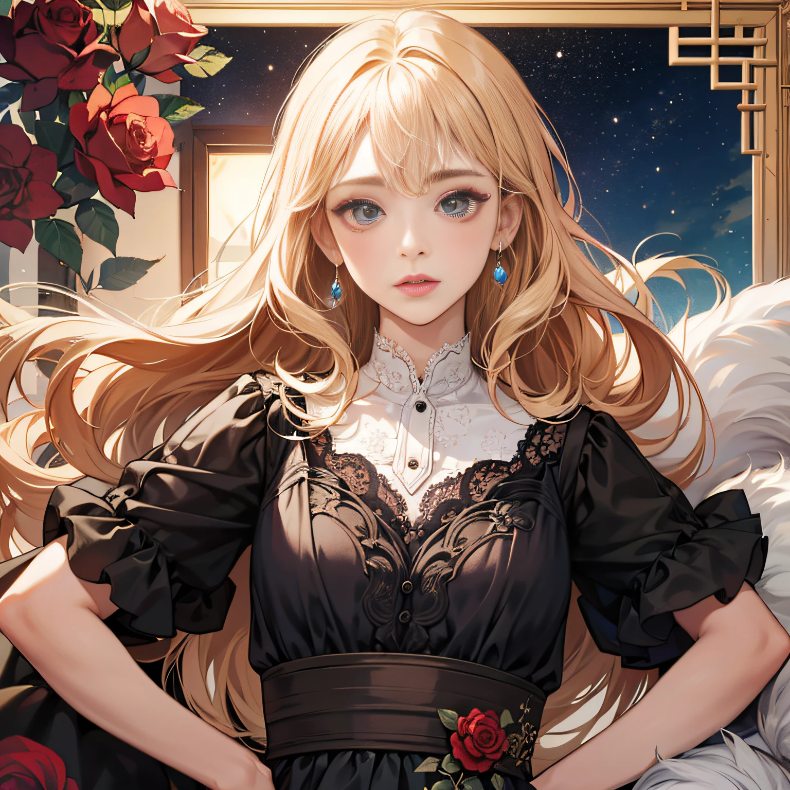 ((masterpiece)), (top-quality), (detaileds),4K resolution. 1girl in,foco nítido、a blond,Princess Cut,odd eye,Older sister,diet,long,Red Rosa,tiarra,Black Dress,curlyhair,small tits,Cool,Rose Dress,embroideries,oriental,A sexy,Sareme,milkyway、small nose,narrow nose and small nose,,High small nose,Small nostrils