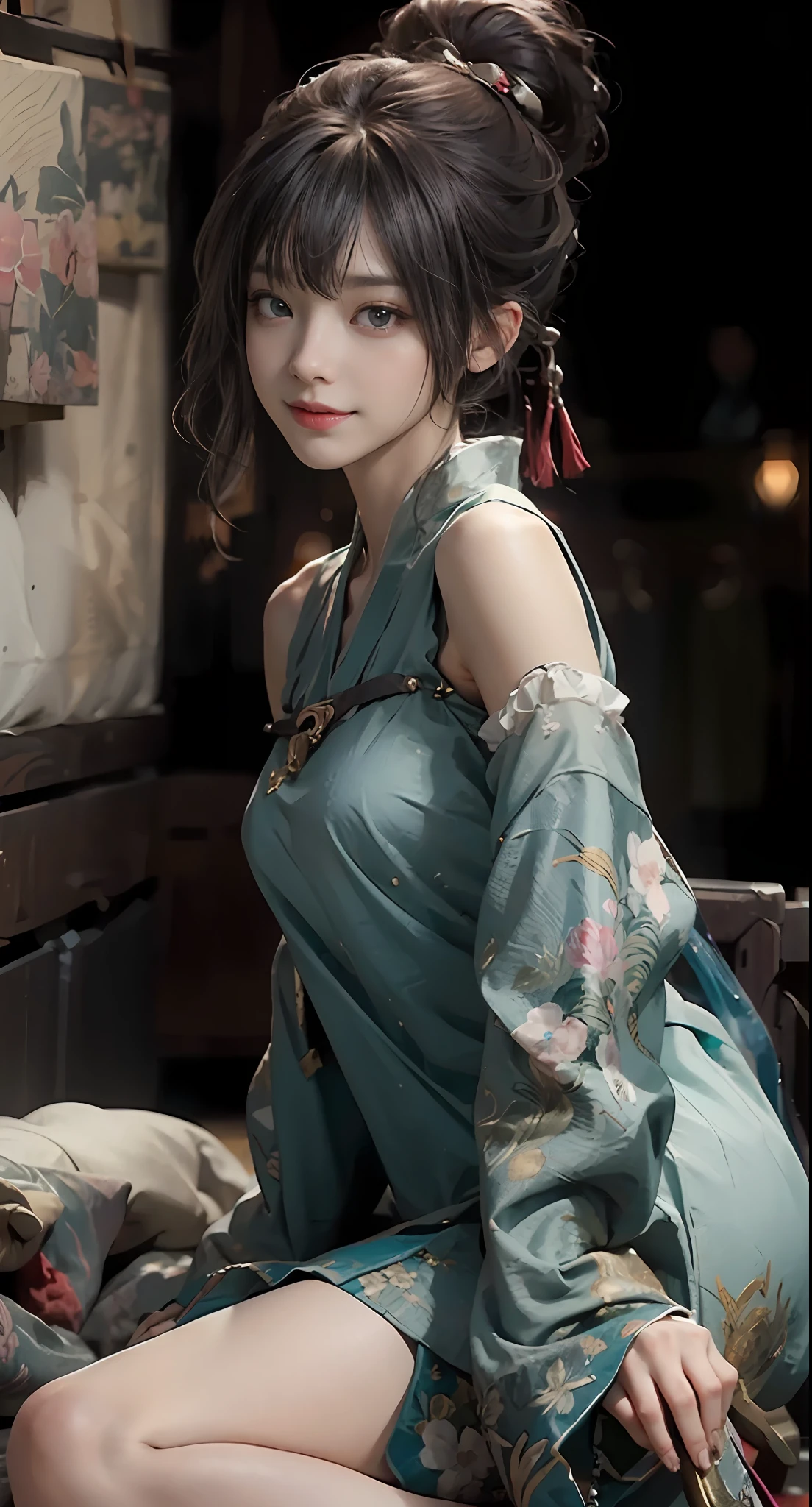 ((Best picture quality, 8K, tmasterpiece:1.3)), 1girll, Beautiful woman with slender abs:1.3, (Casual hairstyle:1.2),intricate detailed clothes , Fine fine skin,Ultra-fine face, A detailed eye, 二重まぶた,is shy,dynamicposes,ssmile,Hanfu,Slip dress,High detail official artwork,detailed anime art,portrait of a female anime hero,