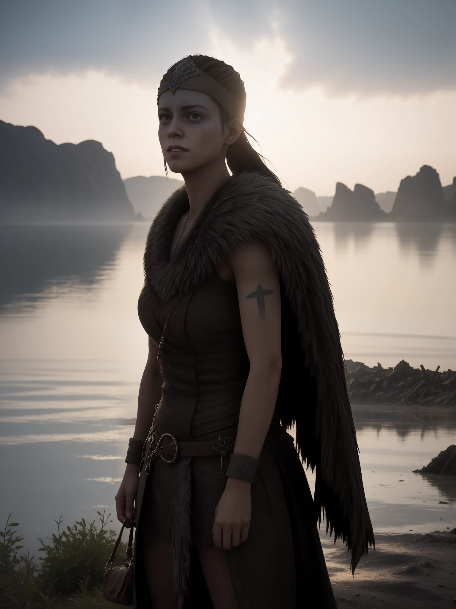 close up, A Viking woman standing in a ruined city near a lake, tempo brilhante, rosto bonito, cabelos loiros, lighting dramatic, papel de parede, intrincado, foco nítido, ray tracing, rtx, profissionalmente cor classificada, fotografia profissional, obra-prima, ultra detalhado, alta qualidade, melhor qualidade, 4k, 8k, cru