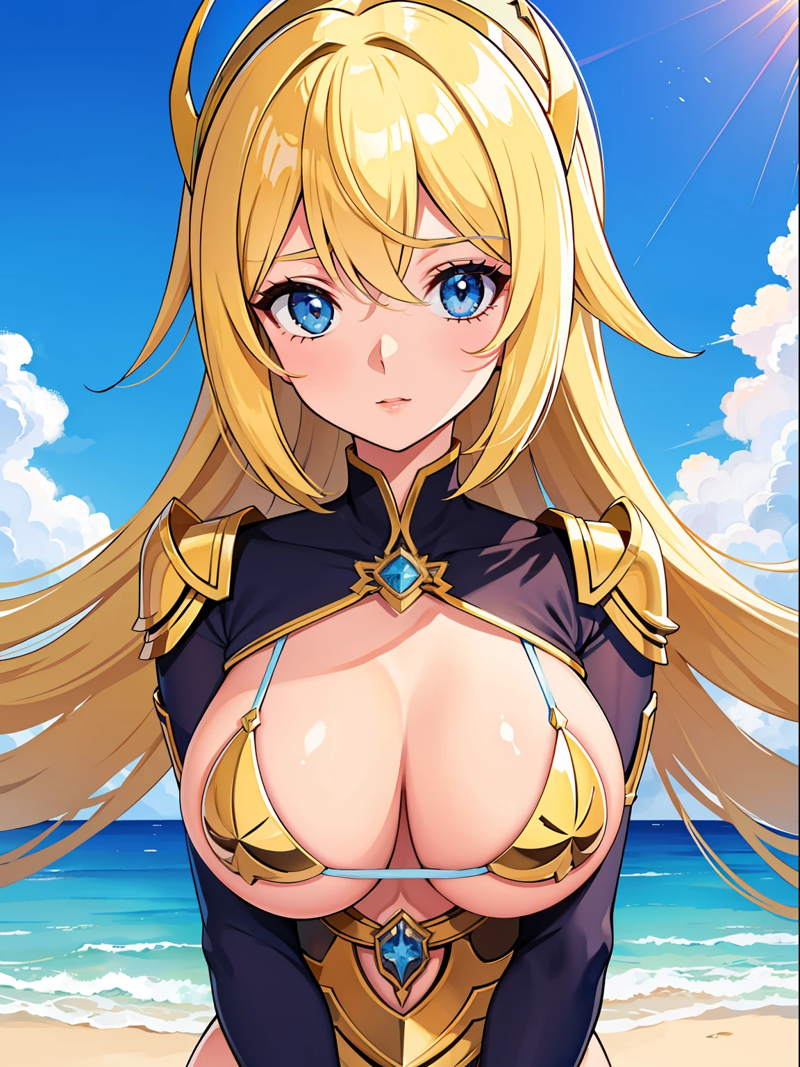 cidade futura, female, blue skies, selvagem, espetacular, ((( Her whole body is in frame ))), micro bikini paladin, (Fundo detalhados: Metropolis), rosto detalhado, olhos detalhados, anatomia perfeita, dynamic pose, Approaching perfection, Dynamic, altamente detalhado, (priority colors of clothes: vermelho, portanto, dourado),