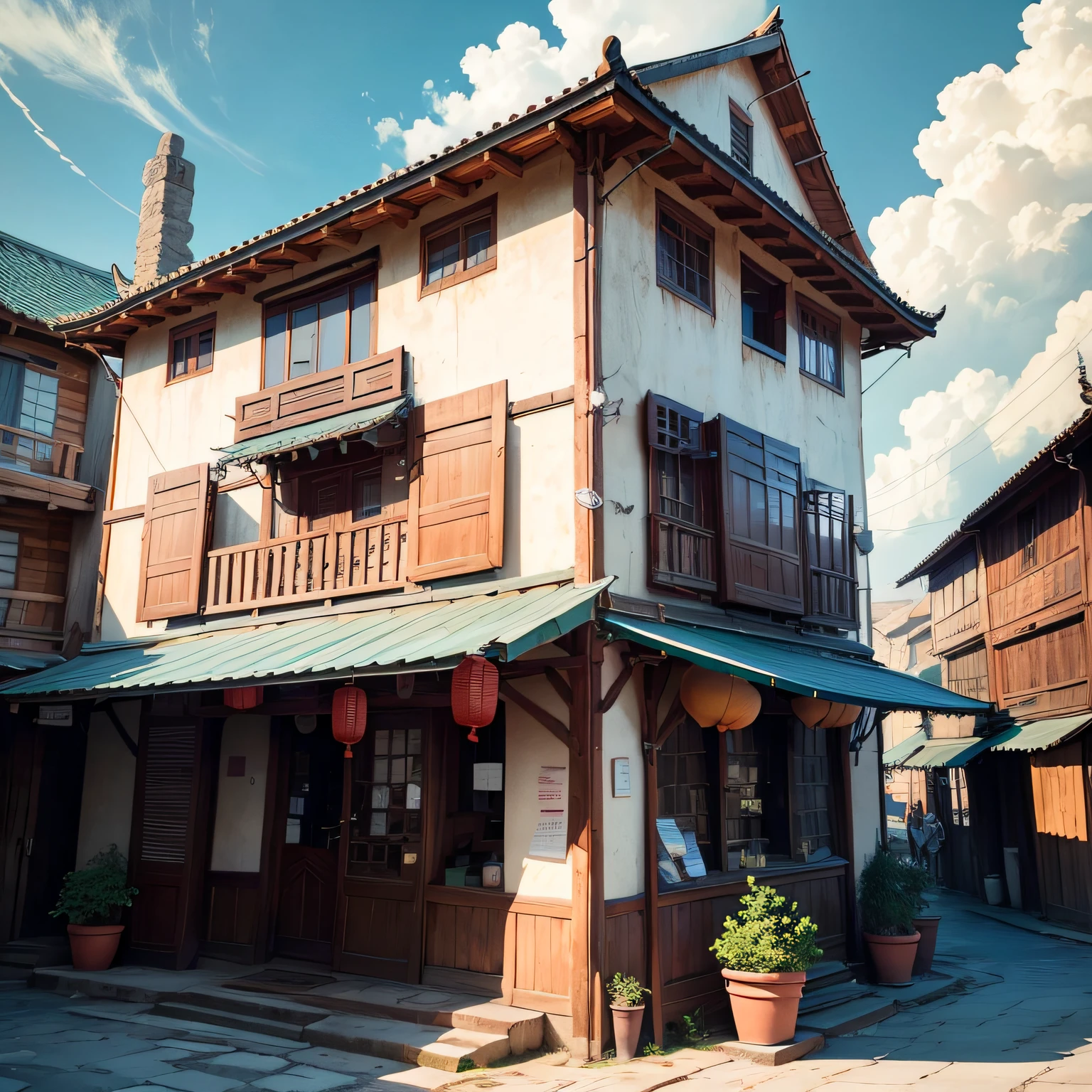 Ancient wind，Quaint，Chinese，Restaurant hostel，The exterior of the entire building，wood，multi-layer，Large detached building，In the market，with blue sky and white clouds