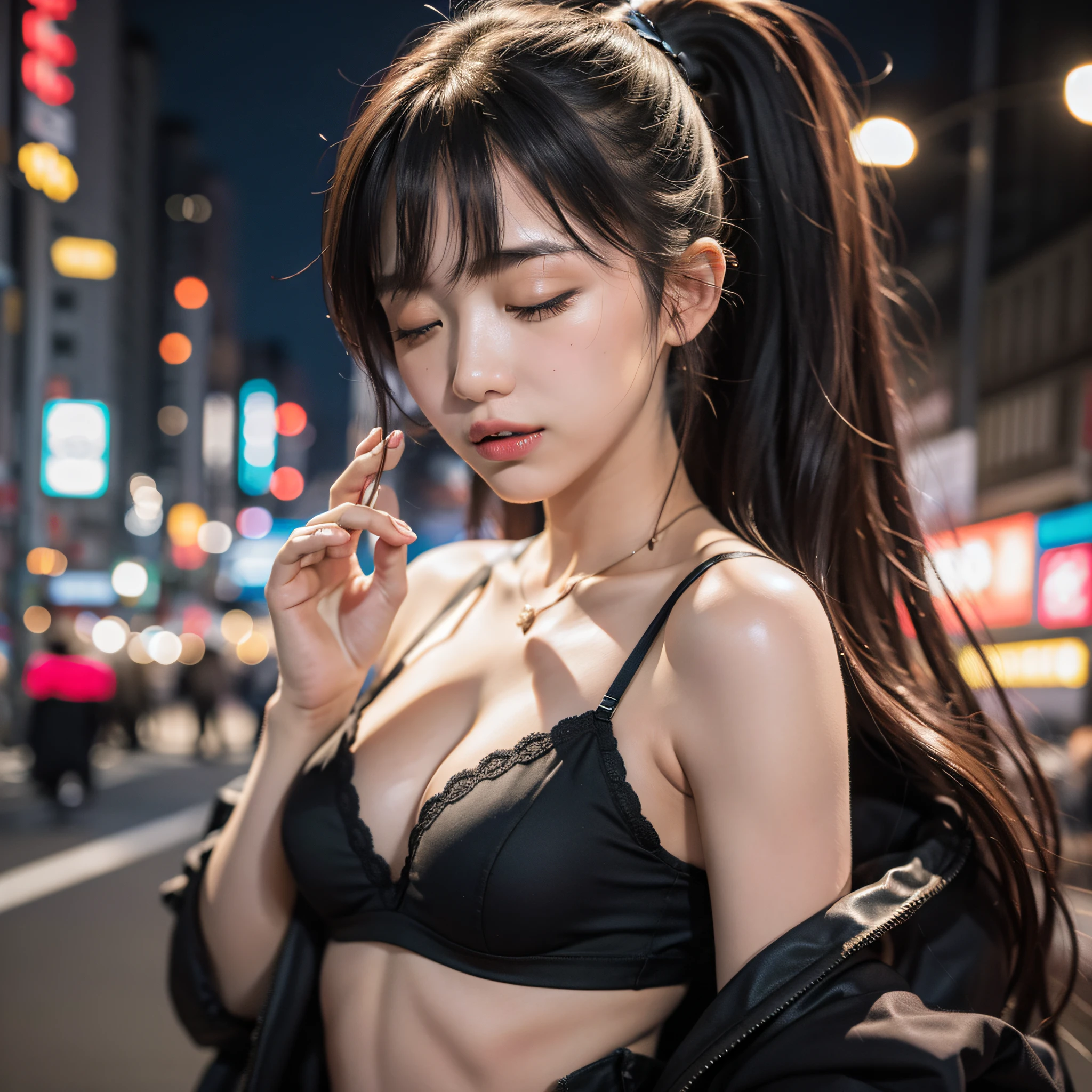 1girl, Tokyo street, night, cityscape, city lights, upper body, closeup, 8k, RAW photo, top quality, masterpiece, realistic, photorealistic, underwear, close eyes