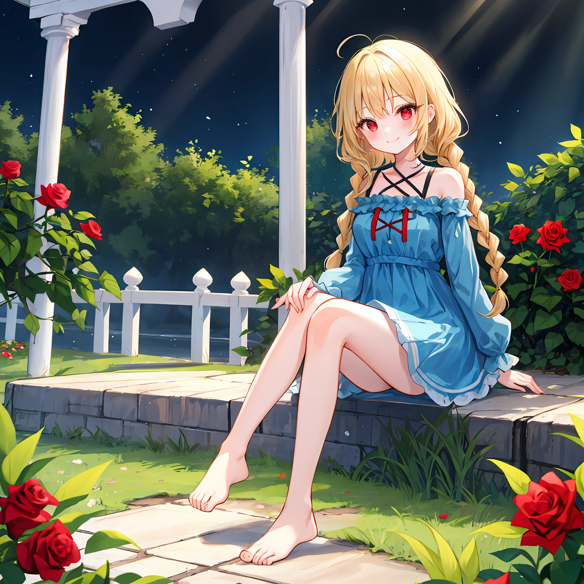 Wavy blonde girl、red eyes、独奏、red blush、Light blue dress、off shoulders、rose garden、sitting on、Foot braids、lonely、a little bit smile