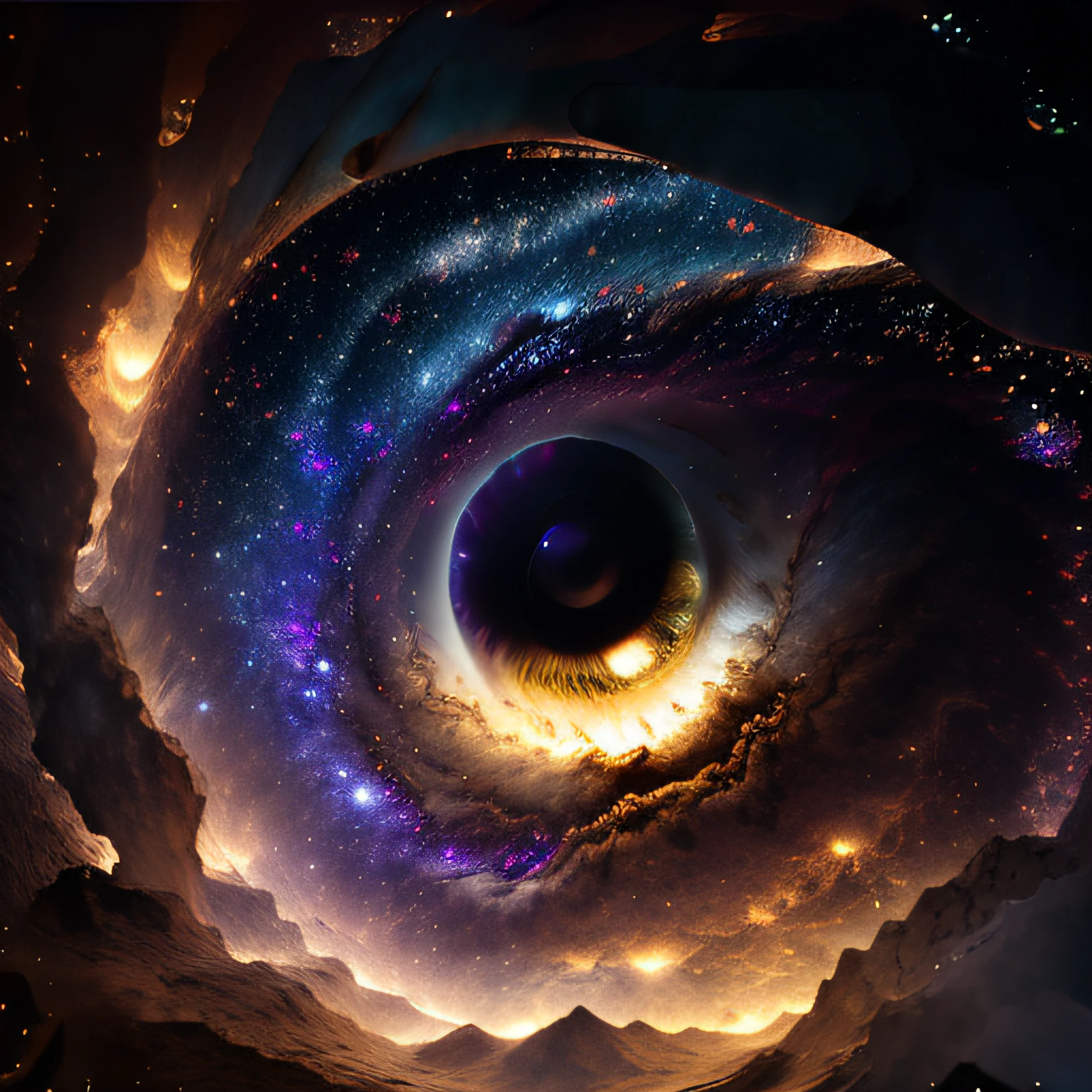 masterpiece, sharp, ultra detailed, 8k,an eyes made by milky way, the midle of the eye is a black hole,( human eye shape), ((soft dimmed light)), angle view, best quality, dimmed, (high detailed background:1.2),8k uhd, dslr, soft lighting, high quality, film grain, Fujifilm XT3, intricate detail,