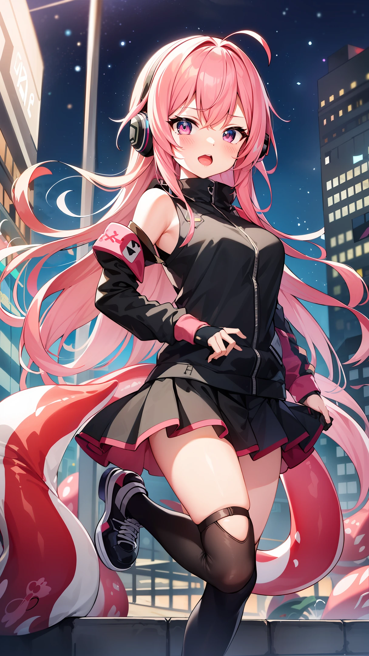 anime girl with pink hair and headphones in a city, splash art anime , spasms, humanoid pink female squid girl, anime moe artstyle, sprays, splash aura in motion, m4 sopmod ii girls frontline, oppai cyberpunk, ahegao, nightcore, ig studios anime style, pixiv 3dcg, at pixiv
