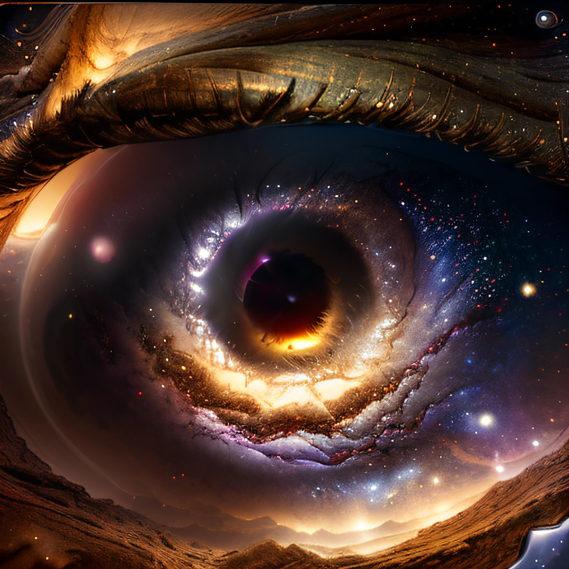 masterpiece, sharp, ultra detailed, 8k,an eyes made by milky way, the midle of the eye is a black hole,( human eye shape), ((soft dimmed light)), angle view, best quality, dimmed, (high detailed background:1.2),8k uhd, dslr, soft lighting, high quality, film grain, Fujifilm XT3, intricate detail,