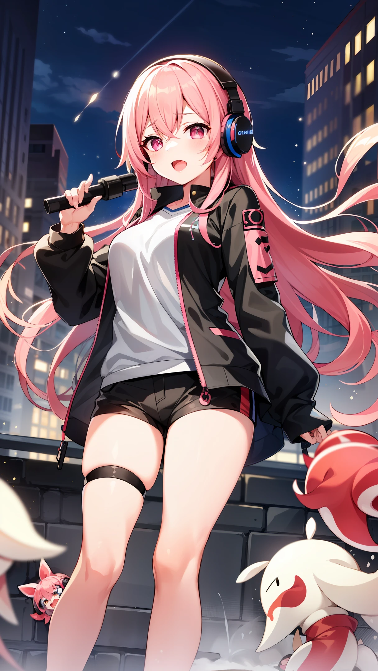 anime girl with pink hair and headphones in a city, splash art anime loli, spasms, humanoid pink female squid girl, anime moe artstyle, sprays, splash aura in motion, m4 sopmod ii girls frontline, oppai cyberpunk, ahegao, nightcore, ig studios anime style, pixiv 3dcg, at pixiv