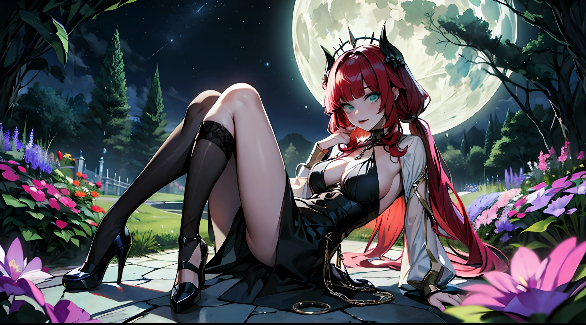 masterpiece, best quality, nilou (genshin impact), long hair, bangs, red hair, parted bangs, twintails, nail polish, aqua eyes, very long hair, low twintails, breasts, goth makeup, black lips, sexy gothic dress, out breast, plunging neckline, chain necklace, fishnet socks, long goth heels , dark flower, dark garden, night, moon