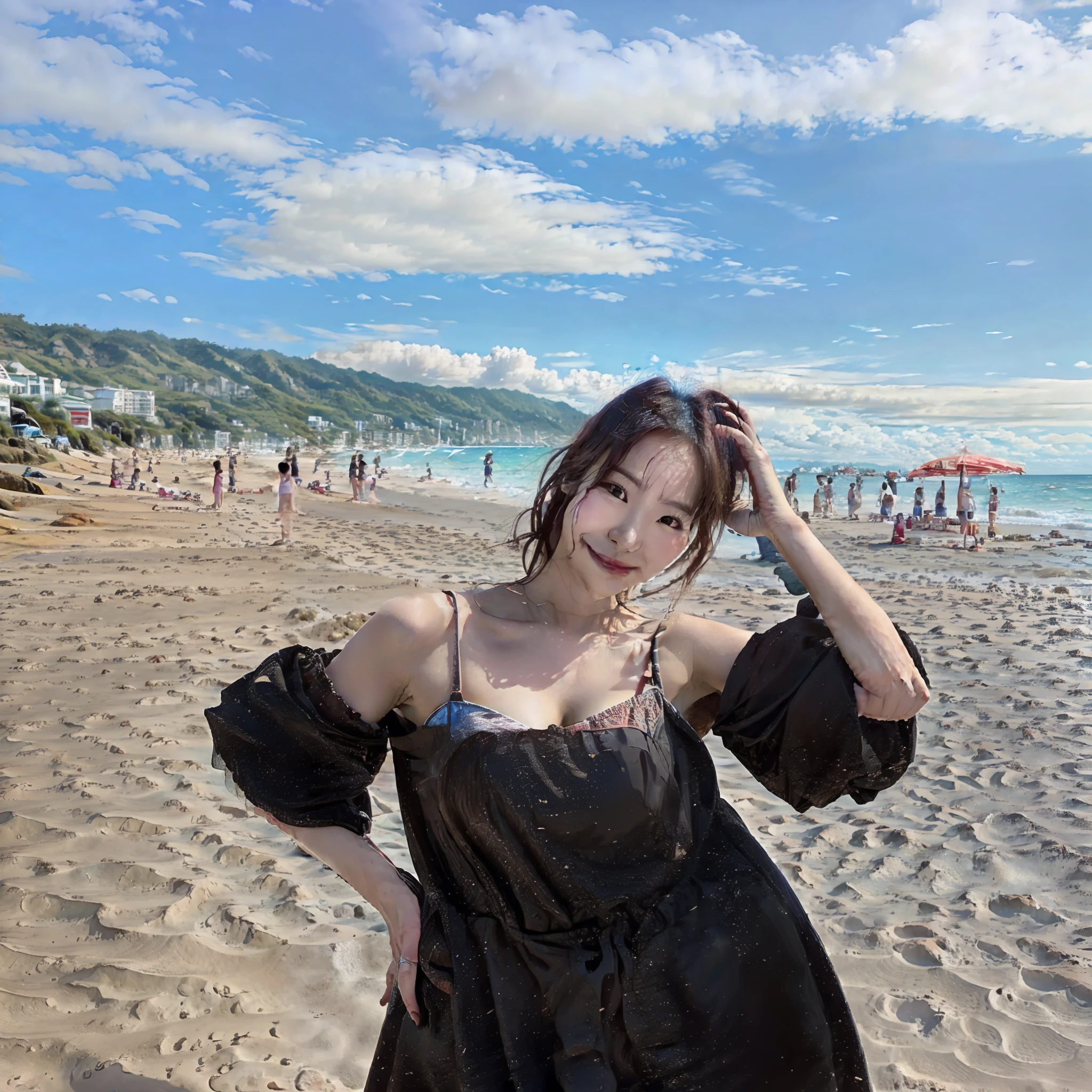 there is a woman standing on the beach with her hands on her head, in the beach, profile pic, posing on a beach with the ocean, at a beach, dang my linh, beach piqc, on beach, at the beach, dilraba dilmurat, profile image, standing at the beach, mai anh tran, xintong chen